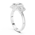 1.47 CTW Three Stone Halo White Gold Emerald D Color Moissanite Wedding Ring