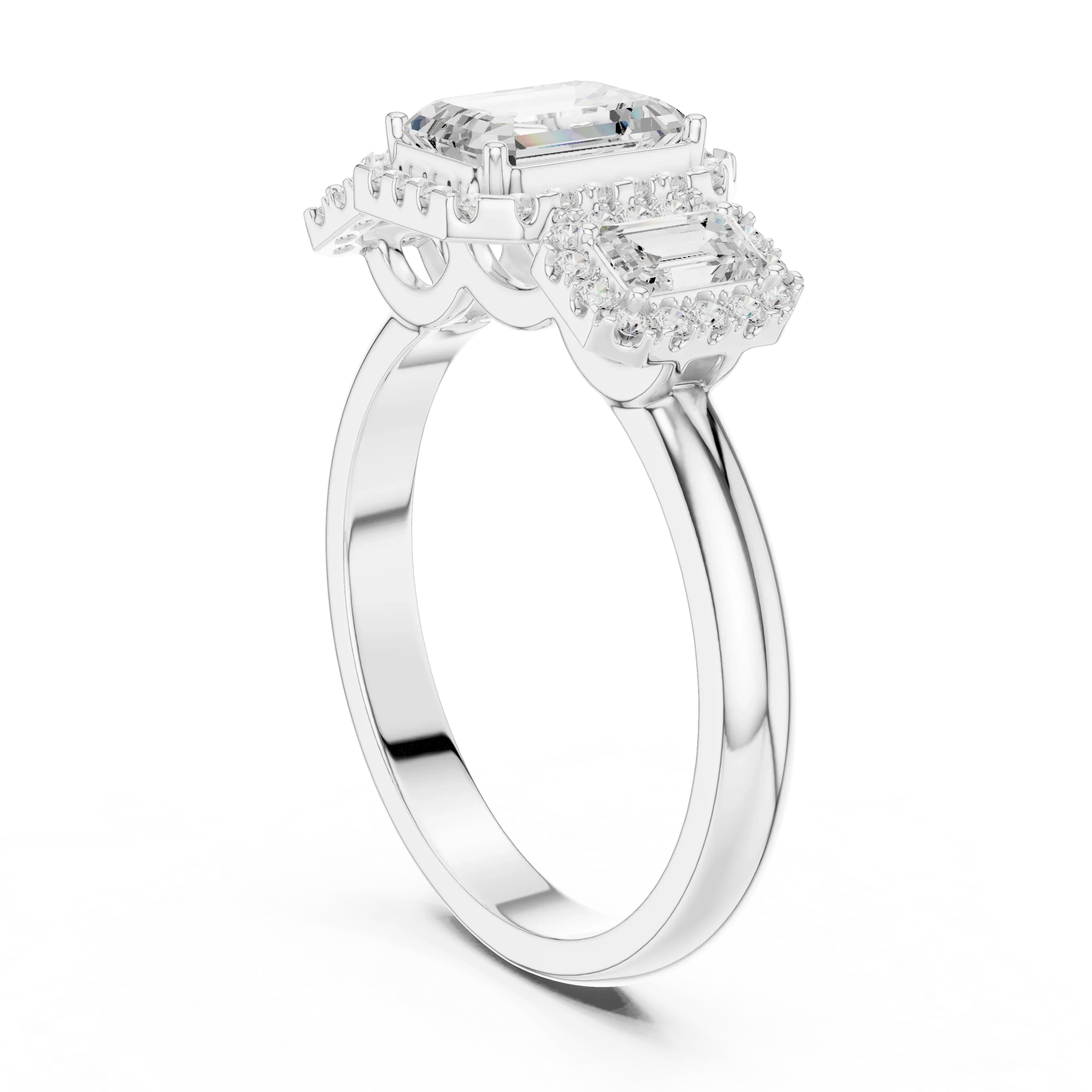 1.47 CTW Three Stone Halo White Gold Emerald D Color Moissanite Wedding Ring