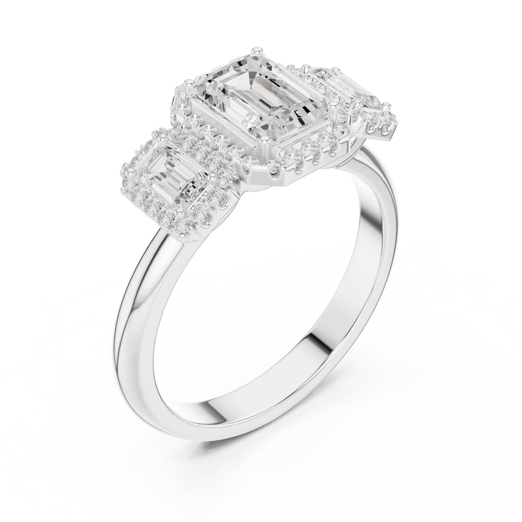 1.47 CTW Three Stone Halo White Gold Emerald D Color Moissanite Wedding Ring