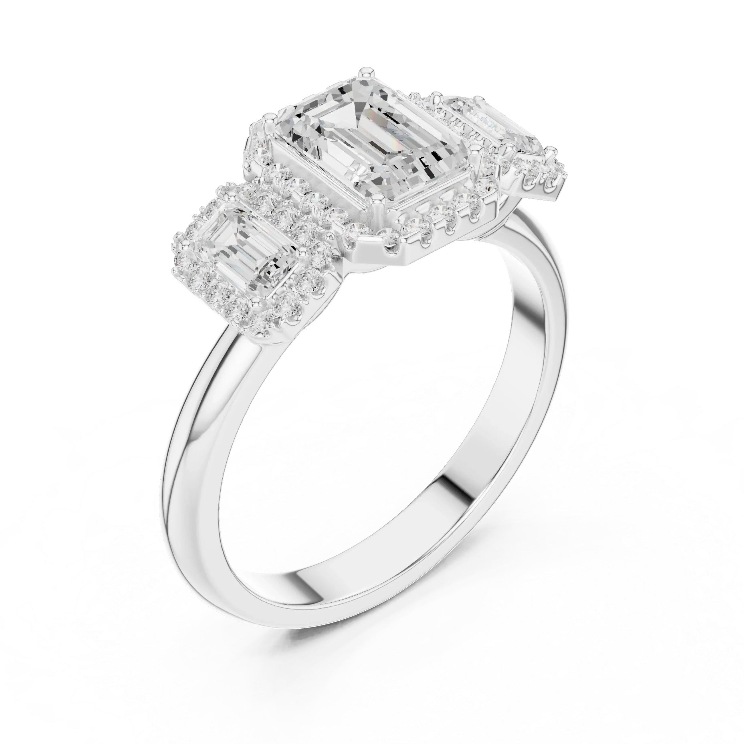 1.47 CTW Three Stone Halo White Gold Emerald D Color Moissanite Wedding Ring