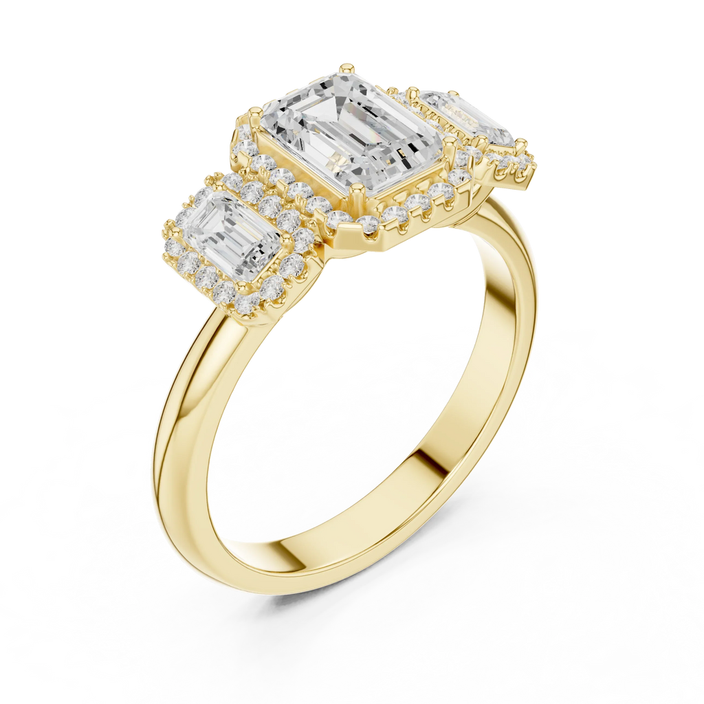 1.47 CTW Three Stone Halo White Gold Emerald D Color Moissanite Wedding Ring