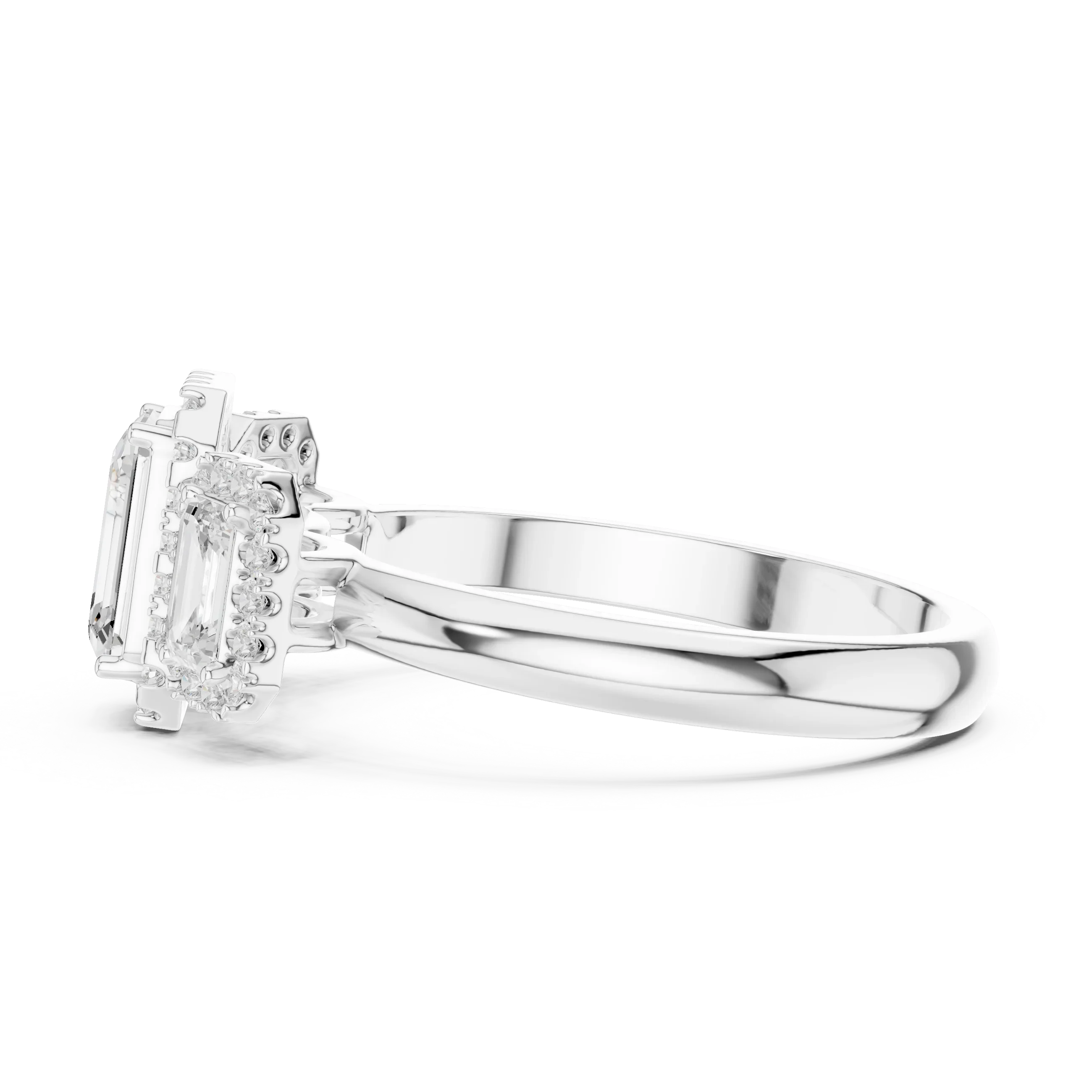 1.47 CTW Three Stone Halo White Gold Emerald D Color Moissanite Wedding Ring