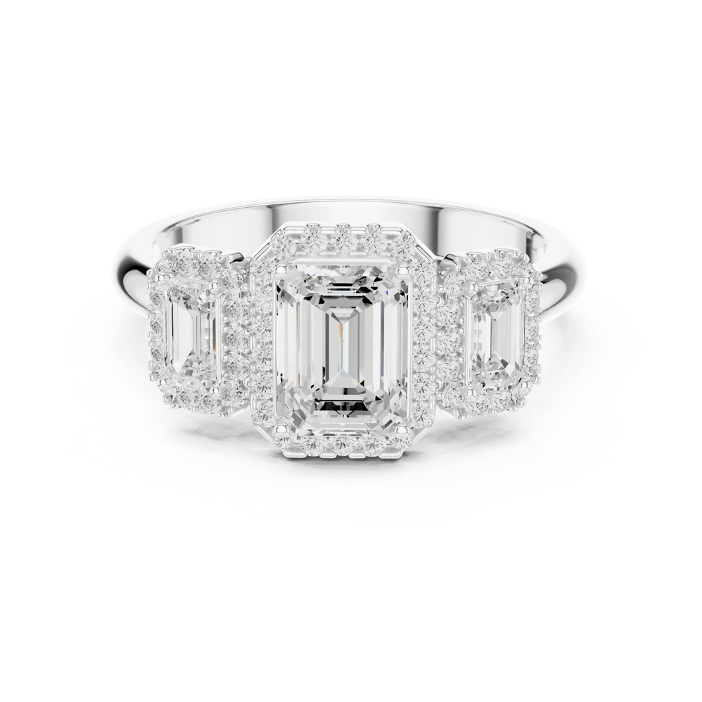 1.47 CTW Three Stone Halo White Gold Emerald D Color Moissanite Wedding Ring