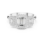 1.47 CTW Three Stone Halo White Gold Emerald D Color Moissanite Wedding Ring