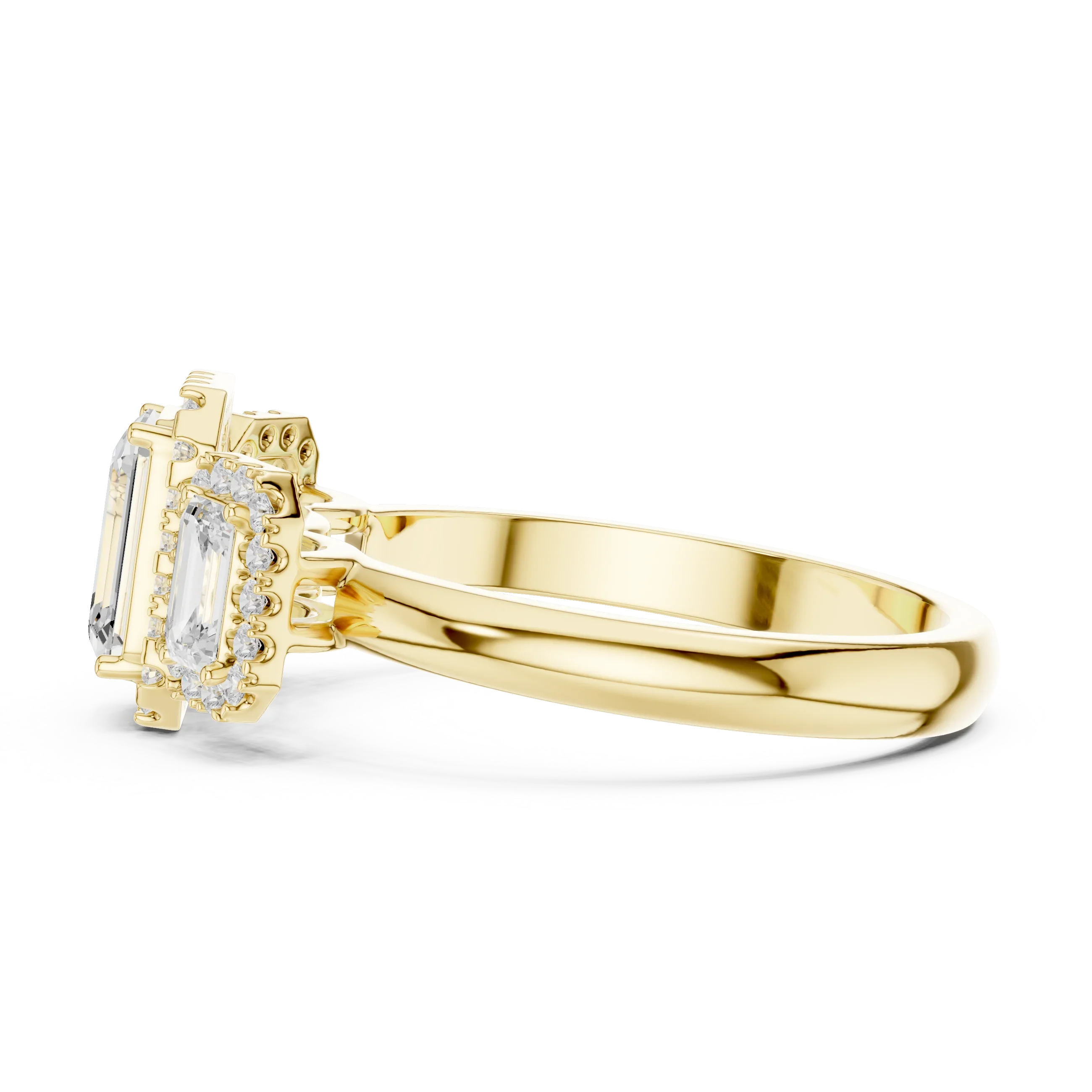 1.47 CTW Three Stone Halo White Gold Emerald D Color Moissanite Wedding Ring
