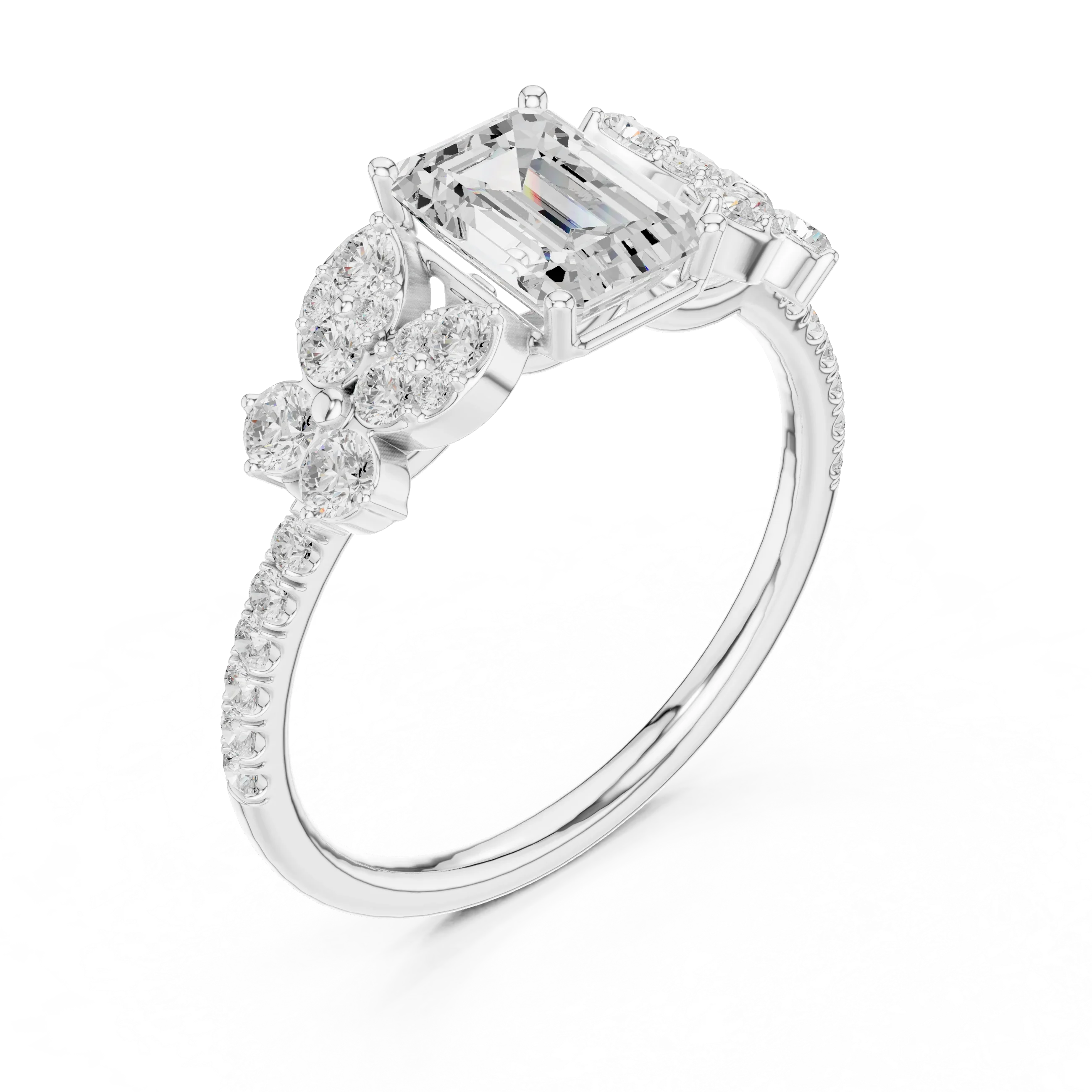 1.43 CTW 18K Gold Floral Cluster Emerald D Color Lab Diamond Engagement Ring
