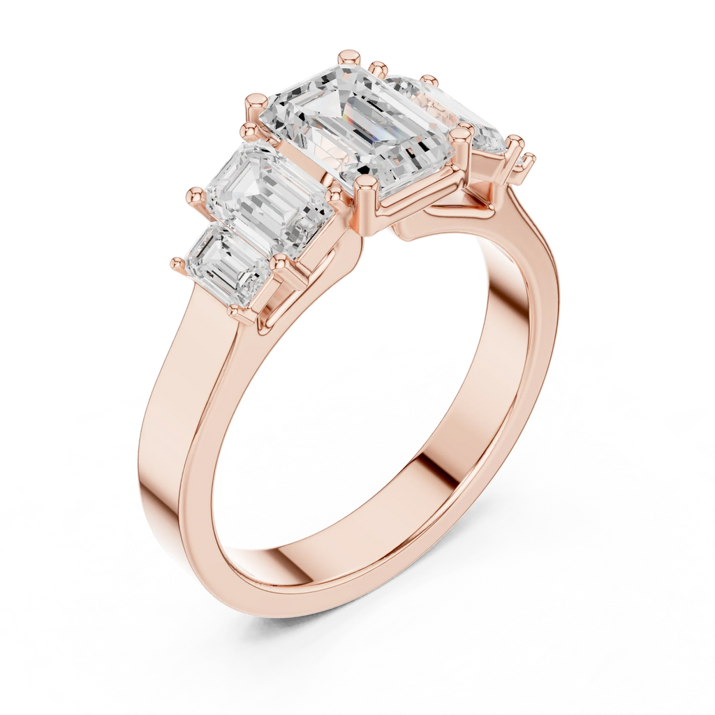 10K Gold Emerald Cut Moissanite 5 Stone Engagement Ring Handmade Bridal Ring