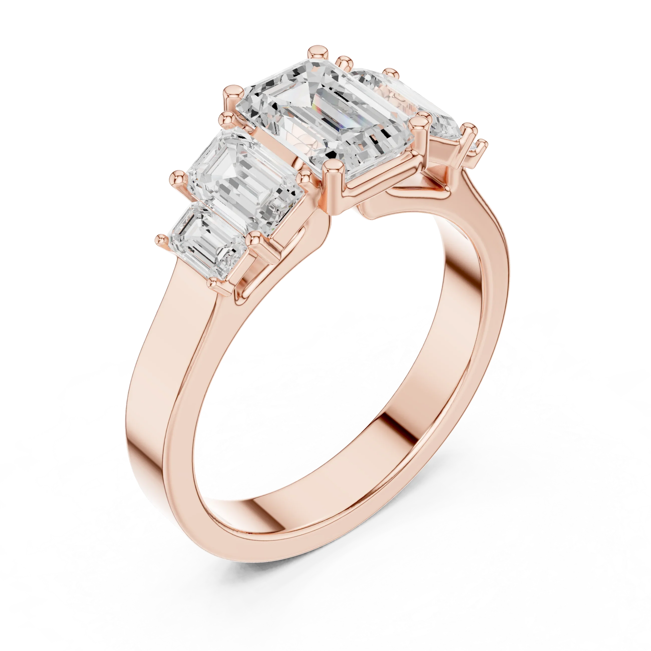 10K Gold Emerald Cut Moissanite 5 Stone Engagement Ring Handmade Bridal Ring