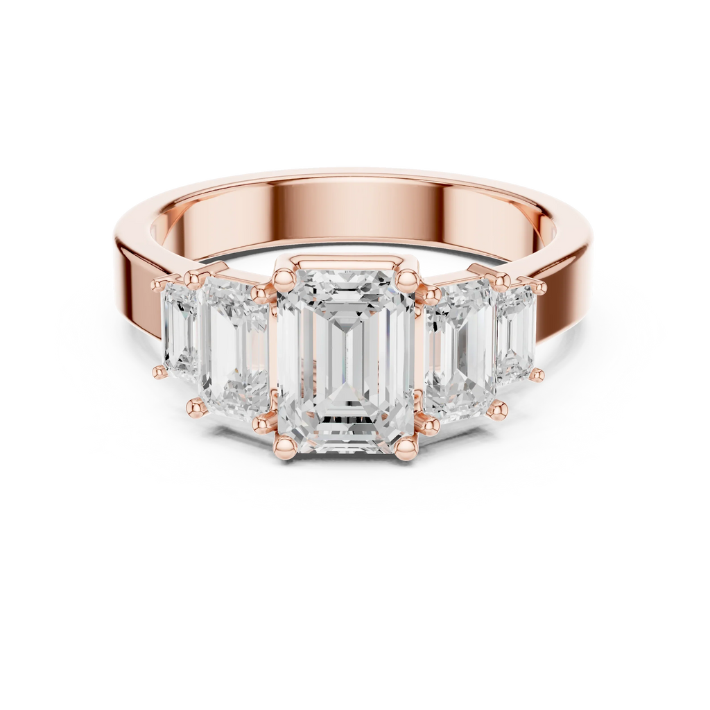 10K Gold Emerald Cut Moissanite 5 Stone Engagement Ring Handmade Bridal Ring