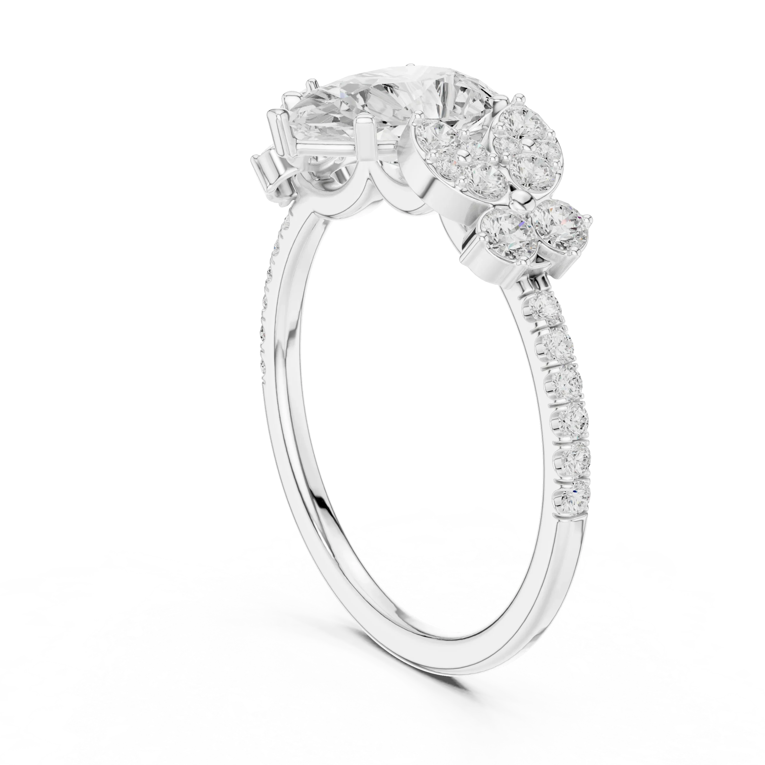 14K White Gold 1.43 CT Pear VVS1 Floral Cluster Moissanite Engagement Ring