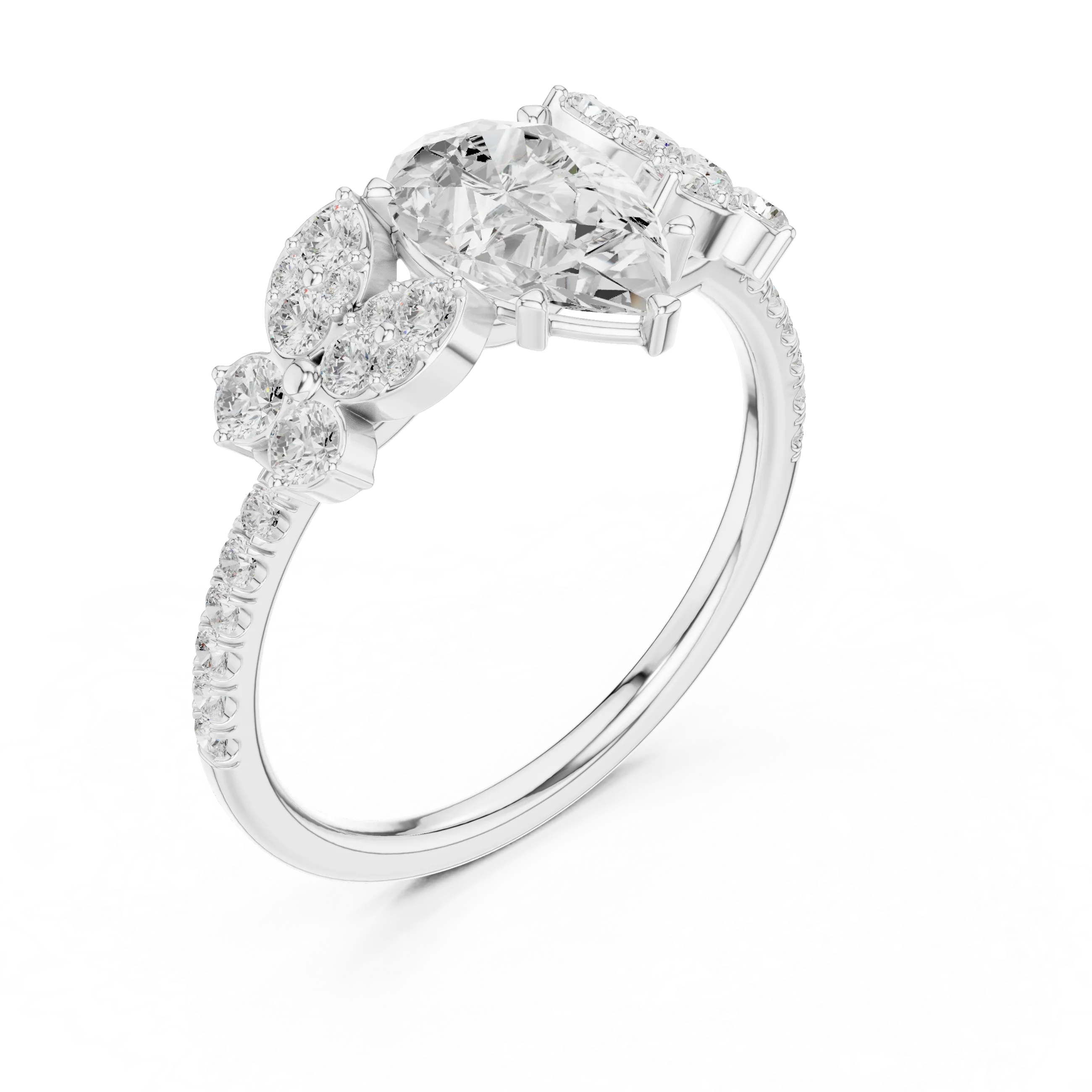 14K White Gold 1.43 CT Pear VVS1 Floral Cluster Moissanite Engagement Ring