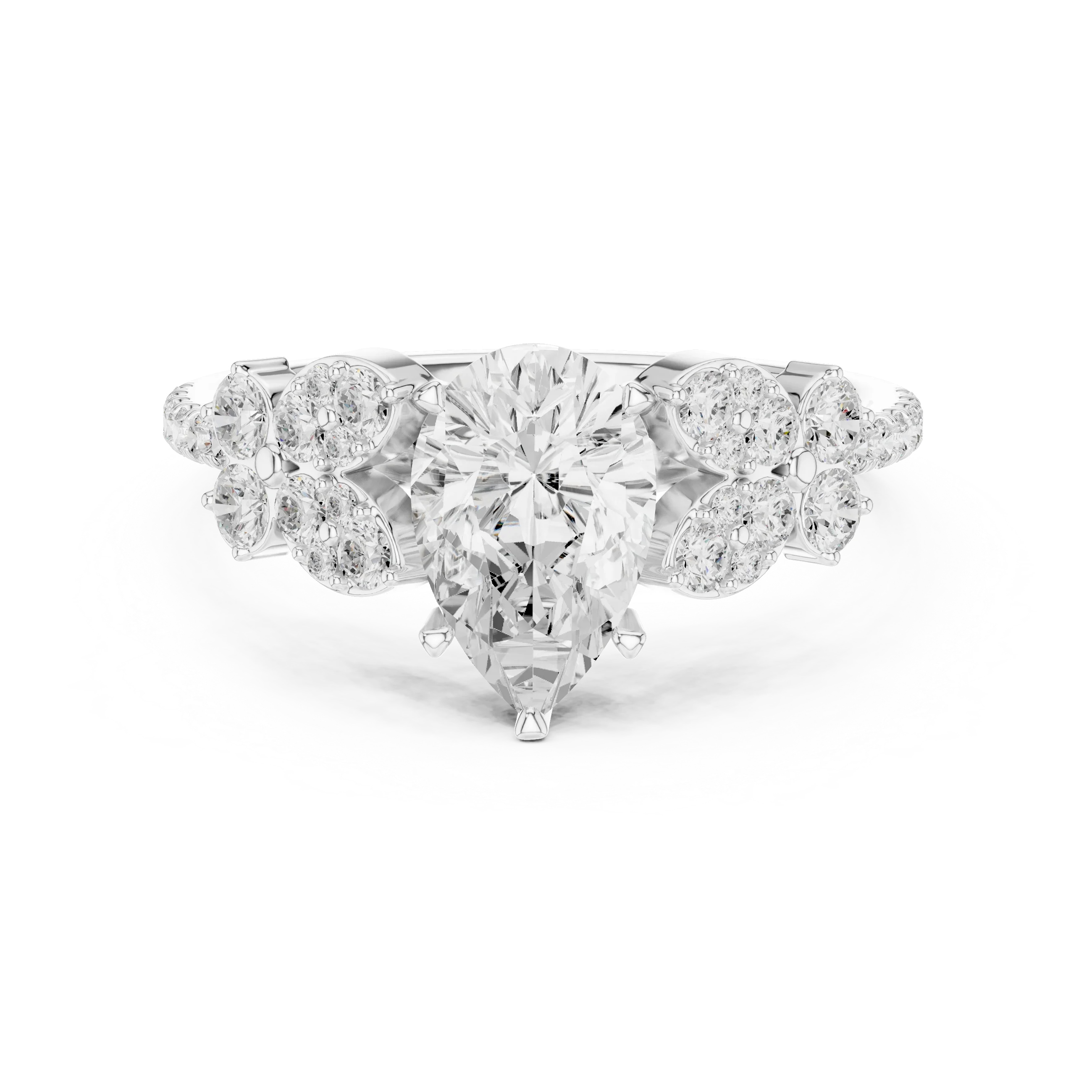 14K White Gold 1.43 CT Pear VVS1 Floral Cluster Moissanite Engagement Ring