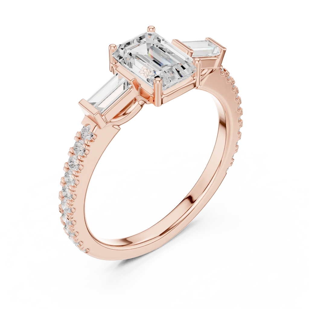 Three Stone Baguette 1.46 CTW Emerald White Gold VVS1 Cocktail Moissanite Diamond Ring