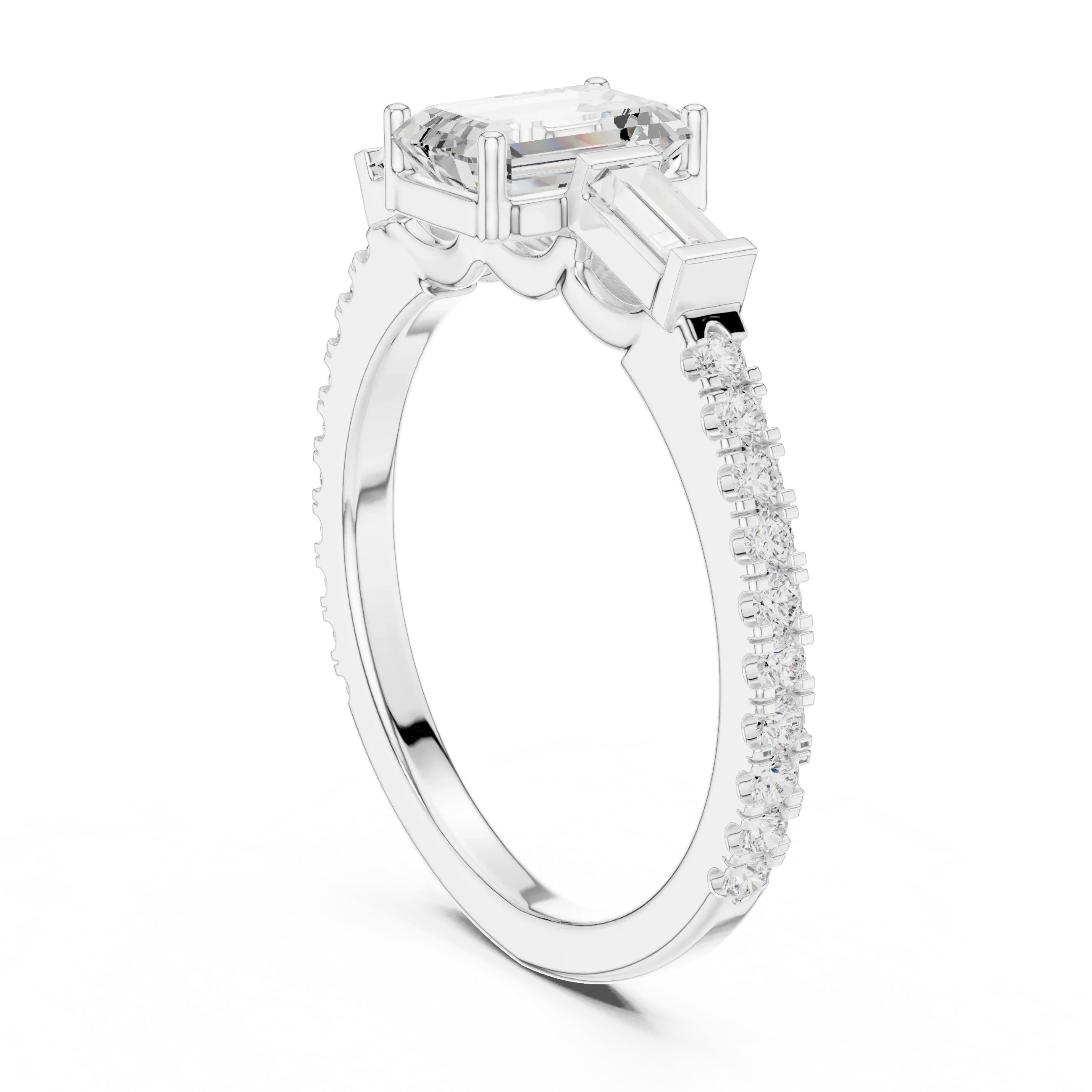 Three Stone Baguette 1.46 CTW Emerald White Gold VVS1 Cocktail Moissanite Diamond Ring