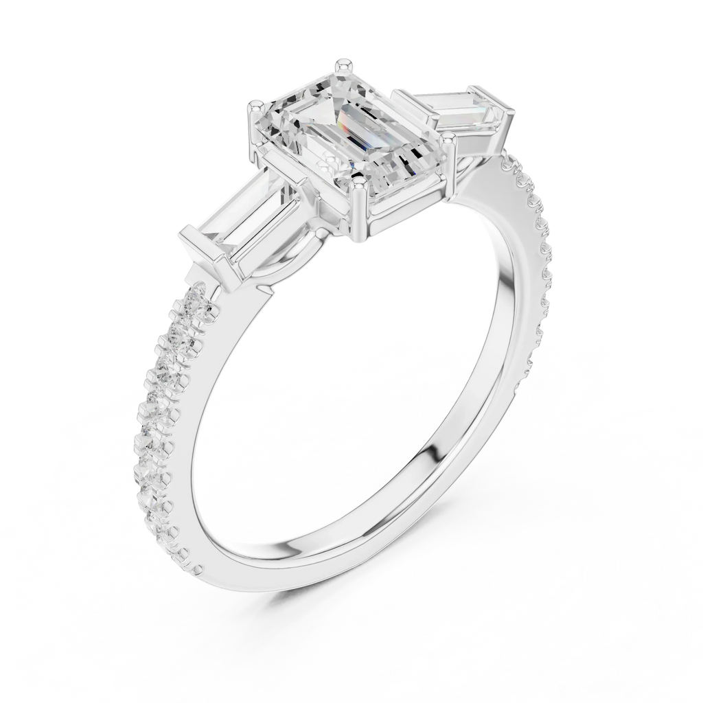 Three Stone Baguette 1.46 CTW Emerald White Gold VVS1 Cocktail Moissanite Diamond Ring