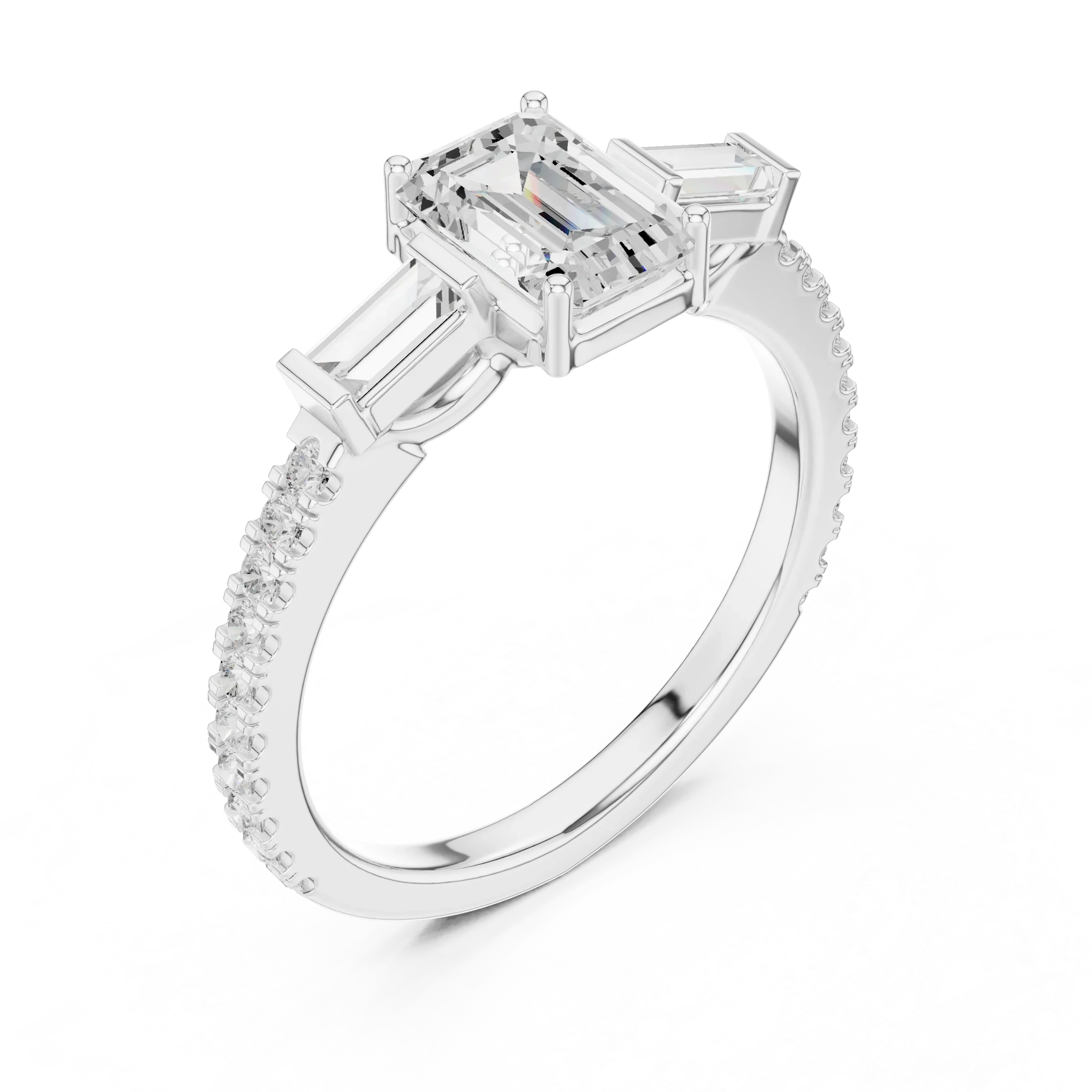 Three Stone Baguette 1.46 CTW Emerald White Gold VVS1 Cocktail Moissanite Diamond Ring