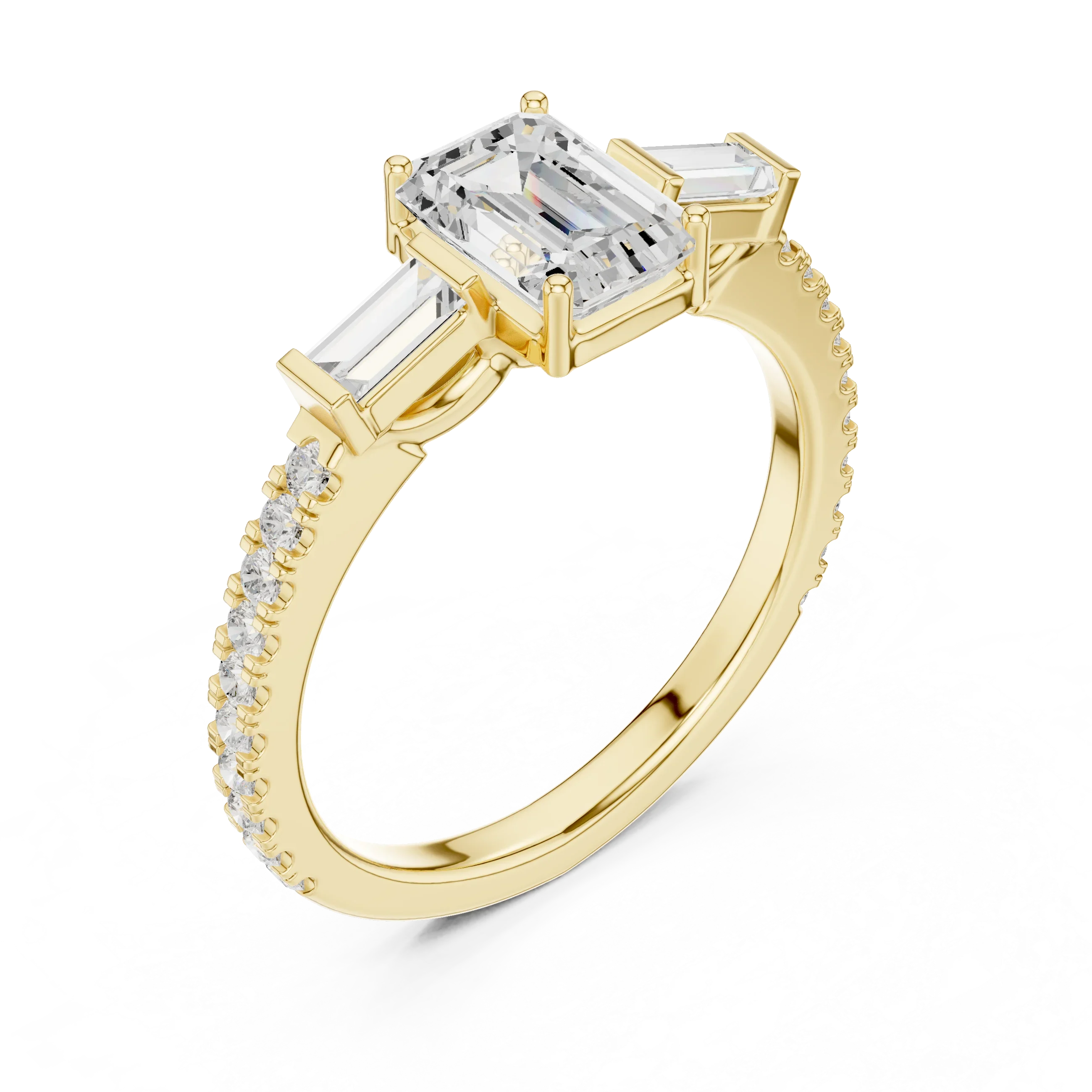 Three Stone Baguette 1.46 CTW Emerald White Gold VVS1 Cocktail Moissanite Diamond Ring