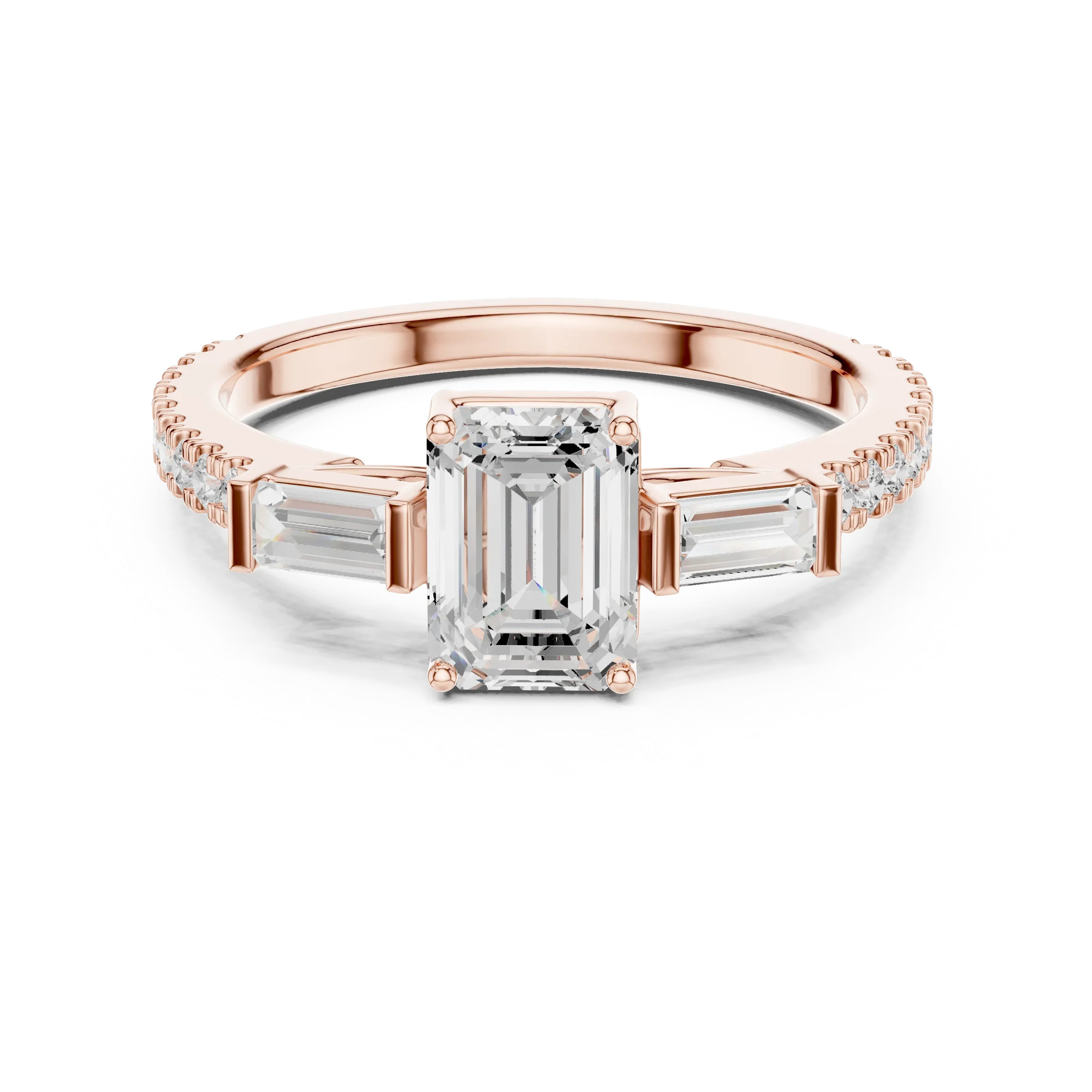 Three Stone Baguette 1.46 CTW Emerald White Gold VVS1 Cocktail Moissanite Diamond Ring