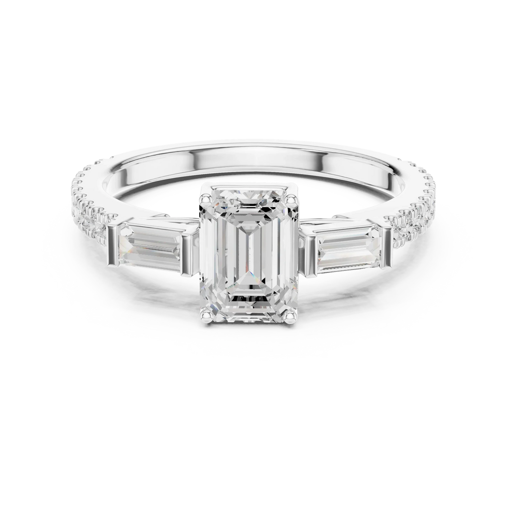 Three Stone Baguette 1.46 CTW Emerald White Gold VVS1 Cocktail Moissanite Diamond Ring