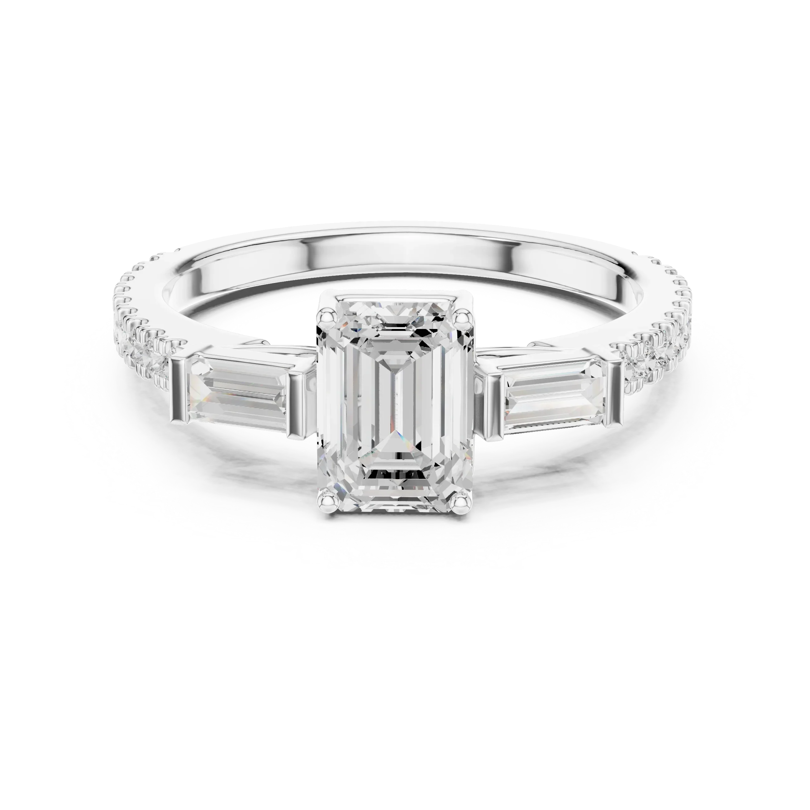 Three Stone Baguette 1.46 CTW Emerald White Gold VVS1 Cocktail Moissanite Diamond Ring