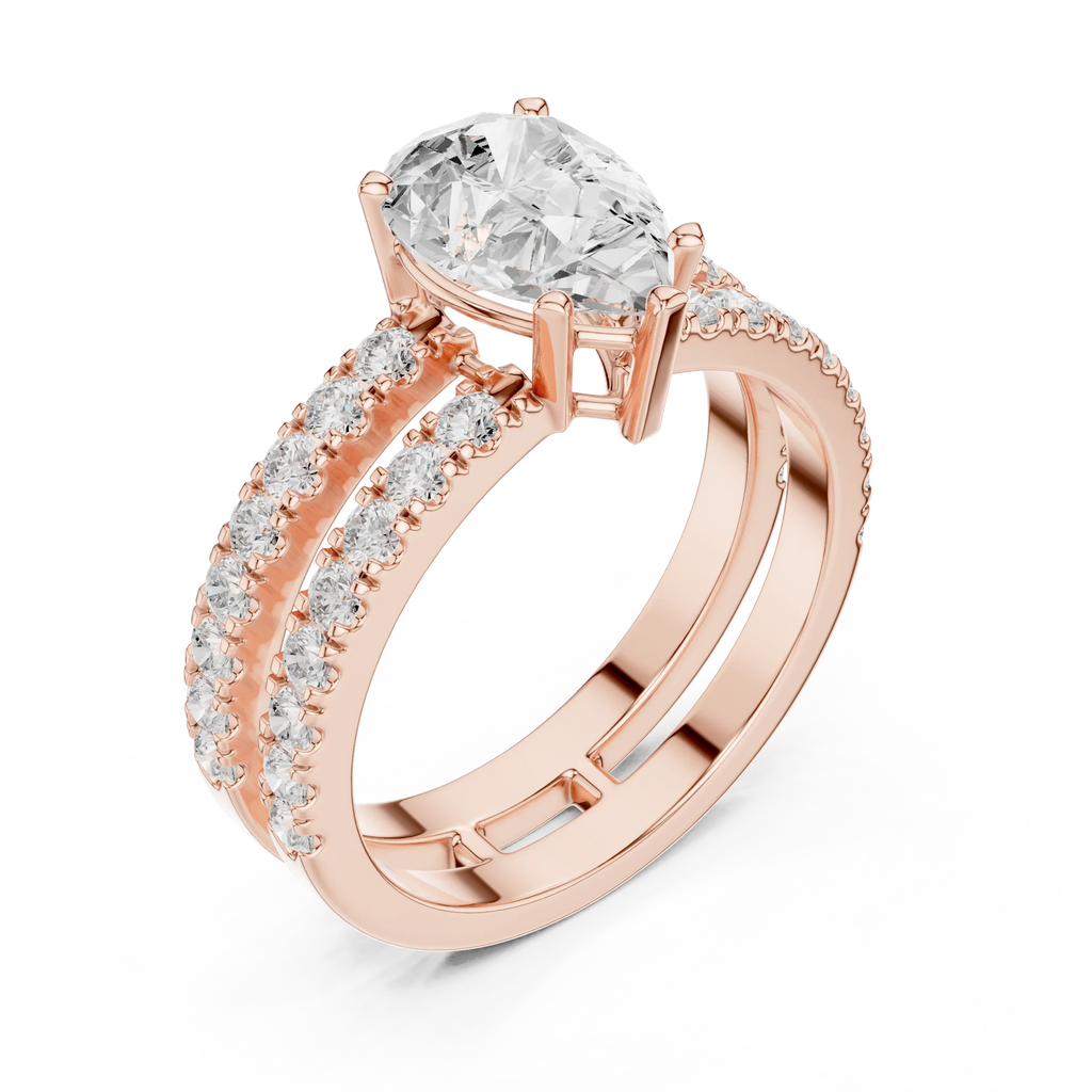 1.57 CTW Split Shank Double Pave Pear 14K Gold Moissanite Diamond Engagement Ring
