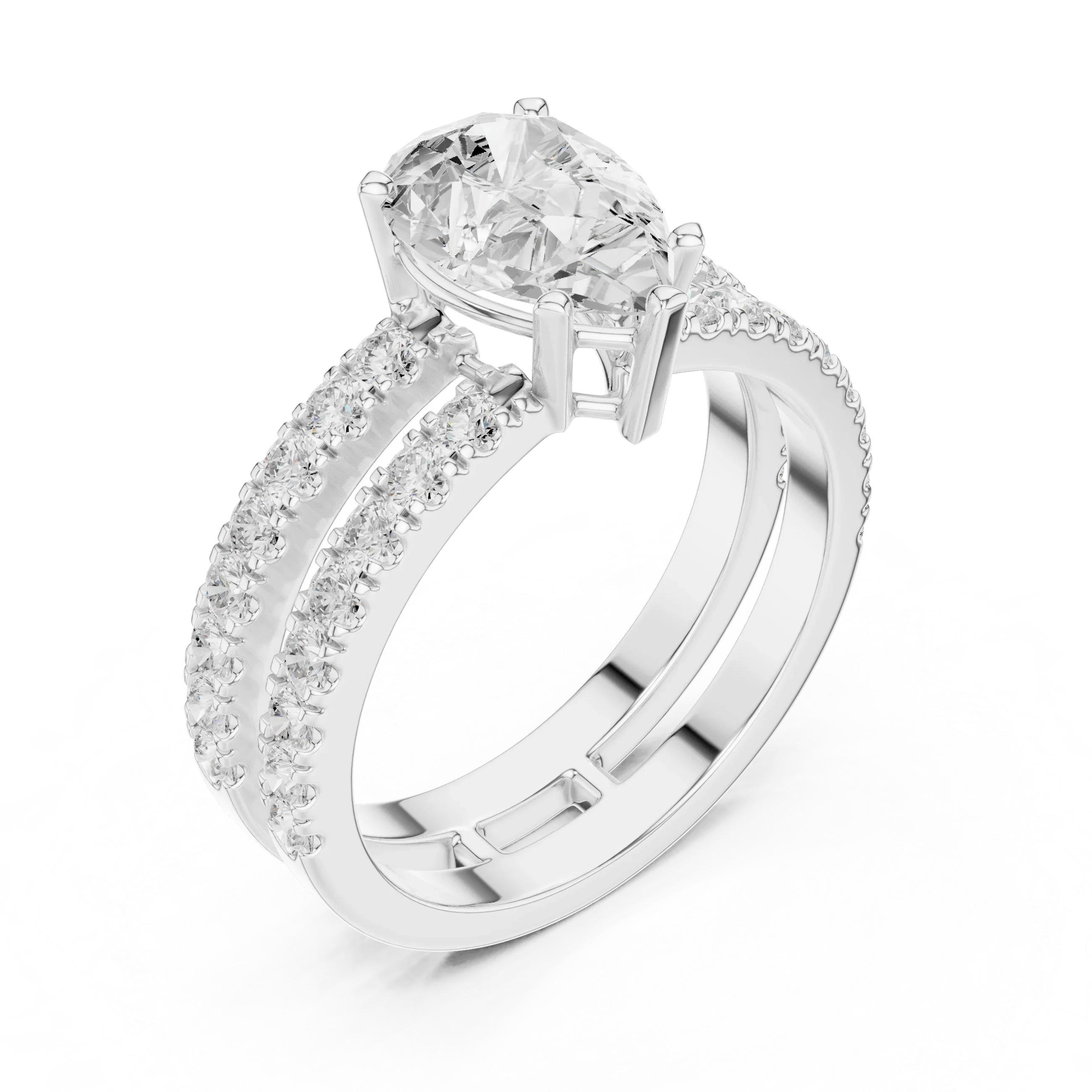 1.57 CTW Split Shank Double Pave Pear 14K Gold Moissanite Diamond Engagement Ring