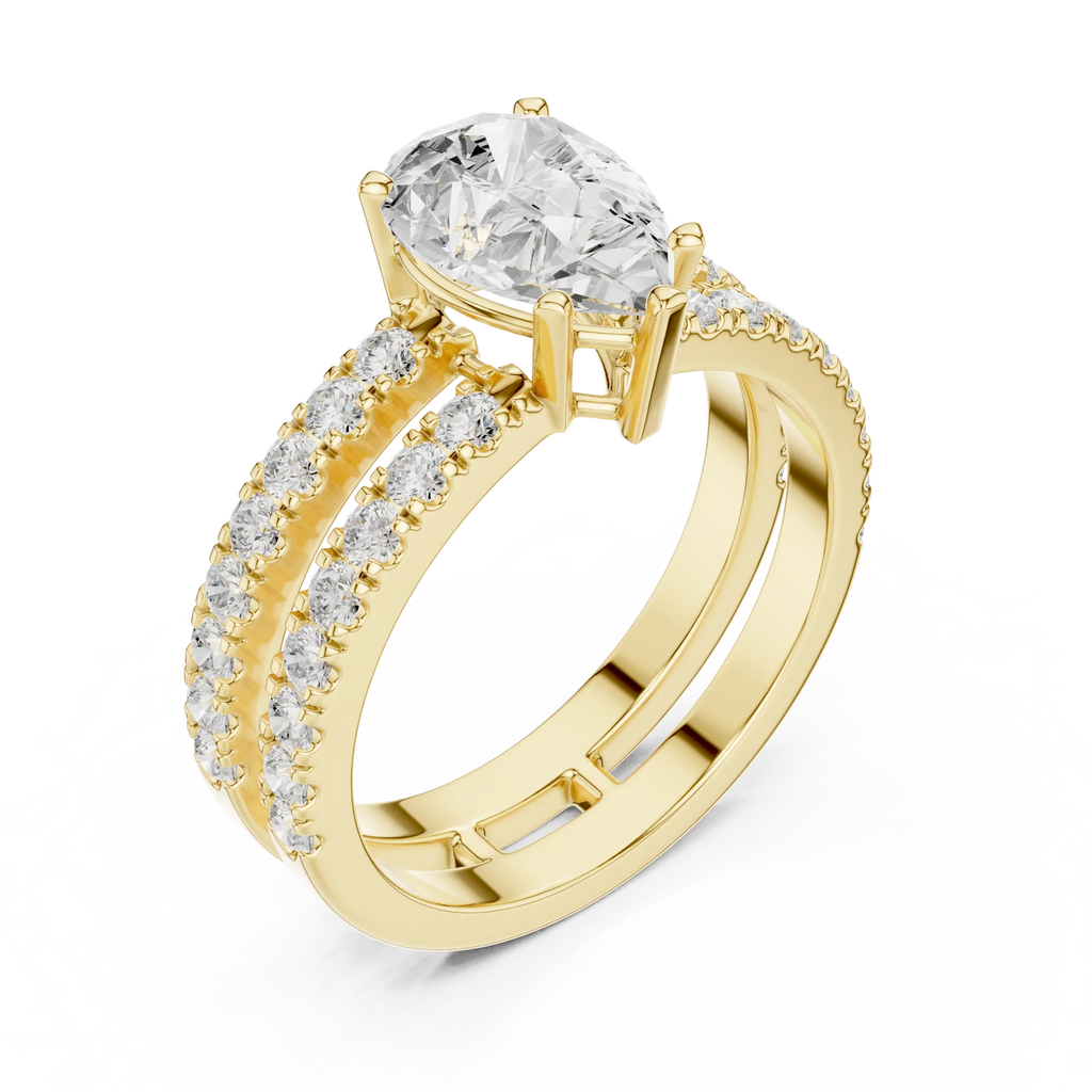 1.57 CTW Split Shank Double Pave Pear 14K Gold Moissanite Diamond Engagement Ring