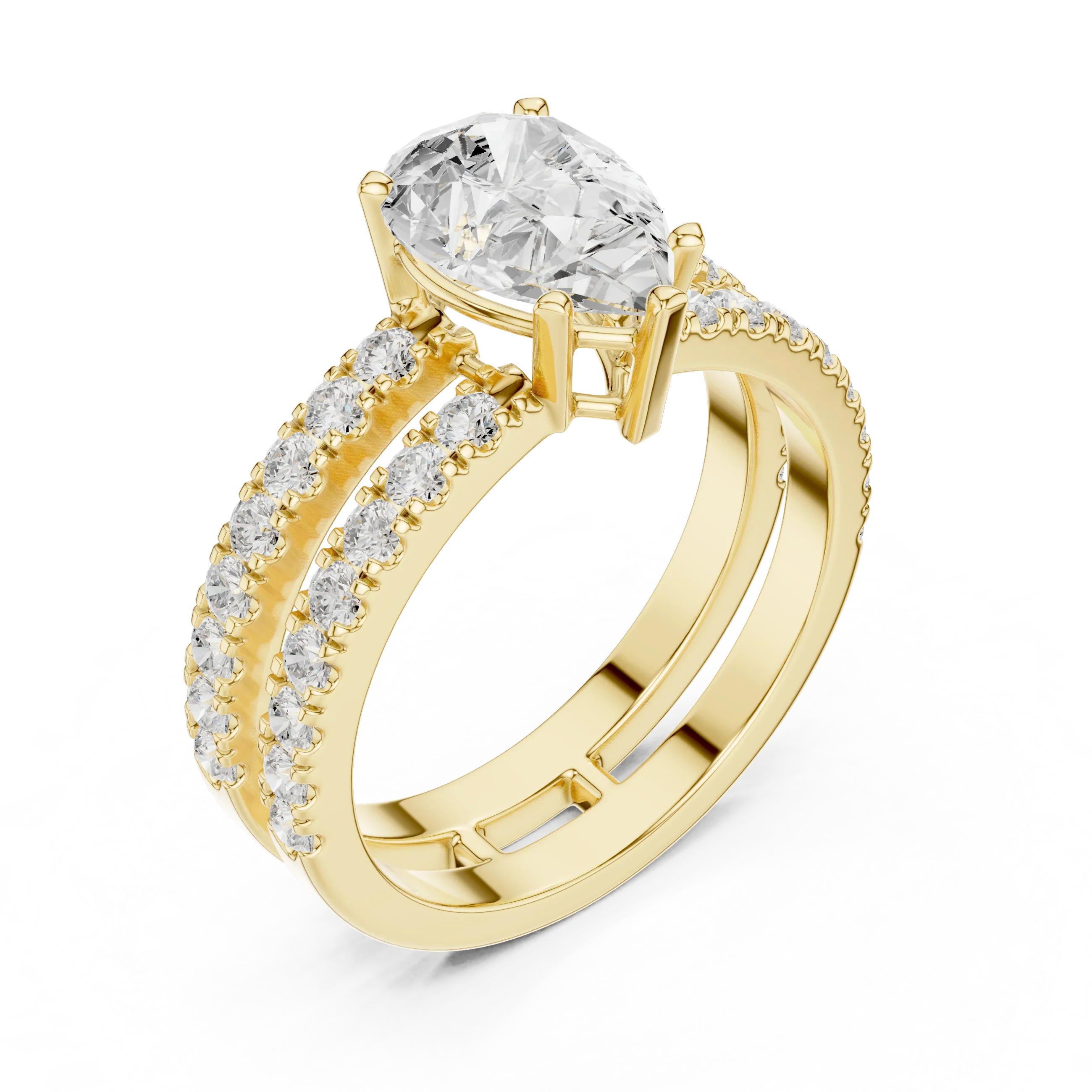 1.57 CTW Split Shank Double Pave Pear 14K Gold Moissanite Diamond Engagement Ring