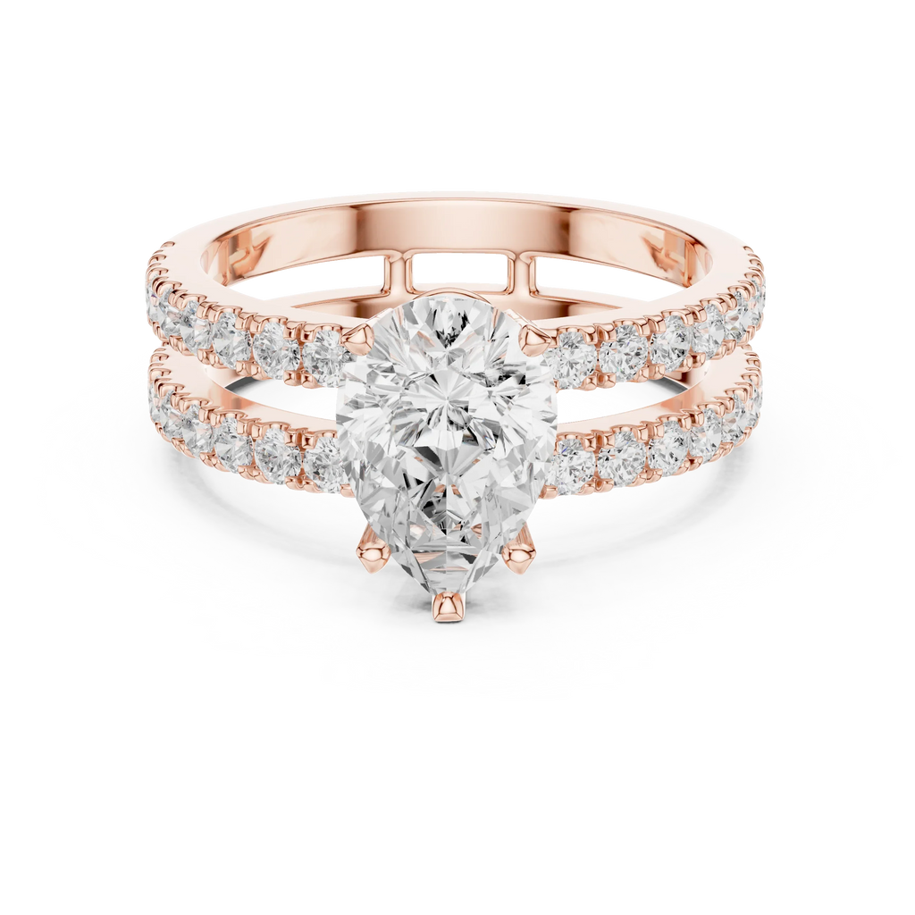 1.57 CTW Split Shank Double Pave Pear 14K Gold Moissanite Diamond Engagement Ring