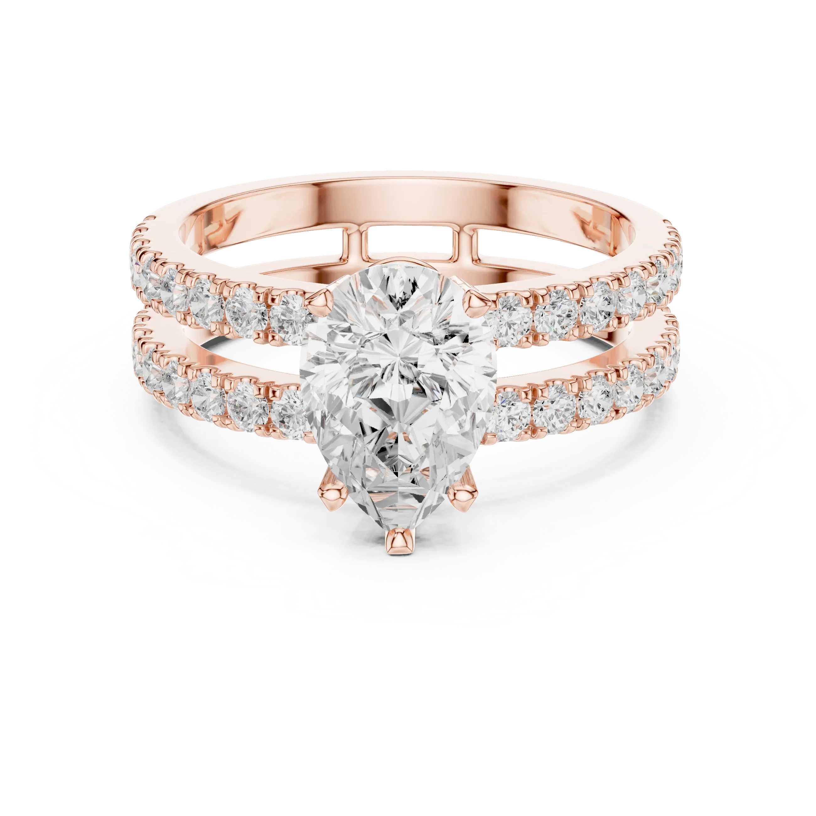 1.57 CTW Split Shank Double Pave Pear 14K Gold Moissanite Diamond Engagement Ring