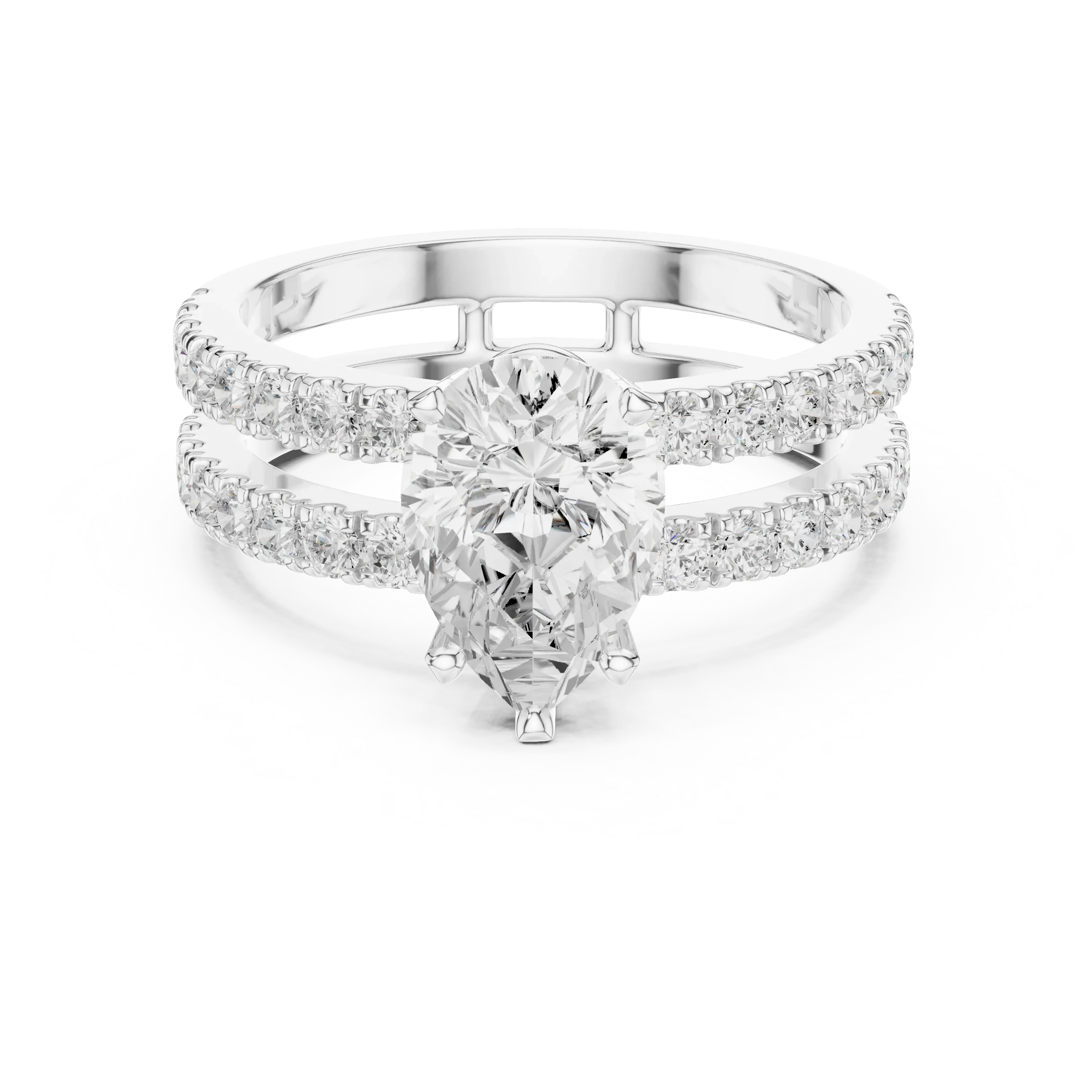 1.57 CTW Split Shank Double Pave Pear 14K Gold Moissanite Diamond Engagement Ring