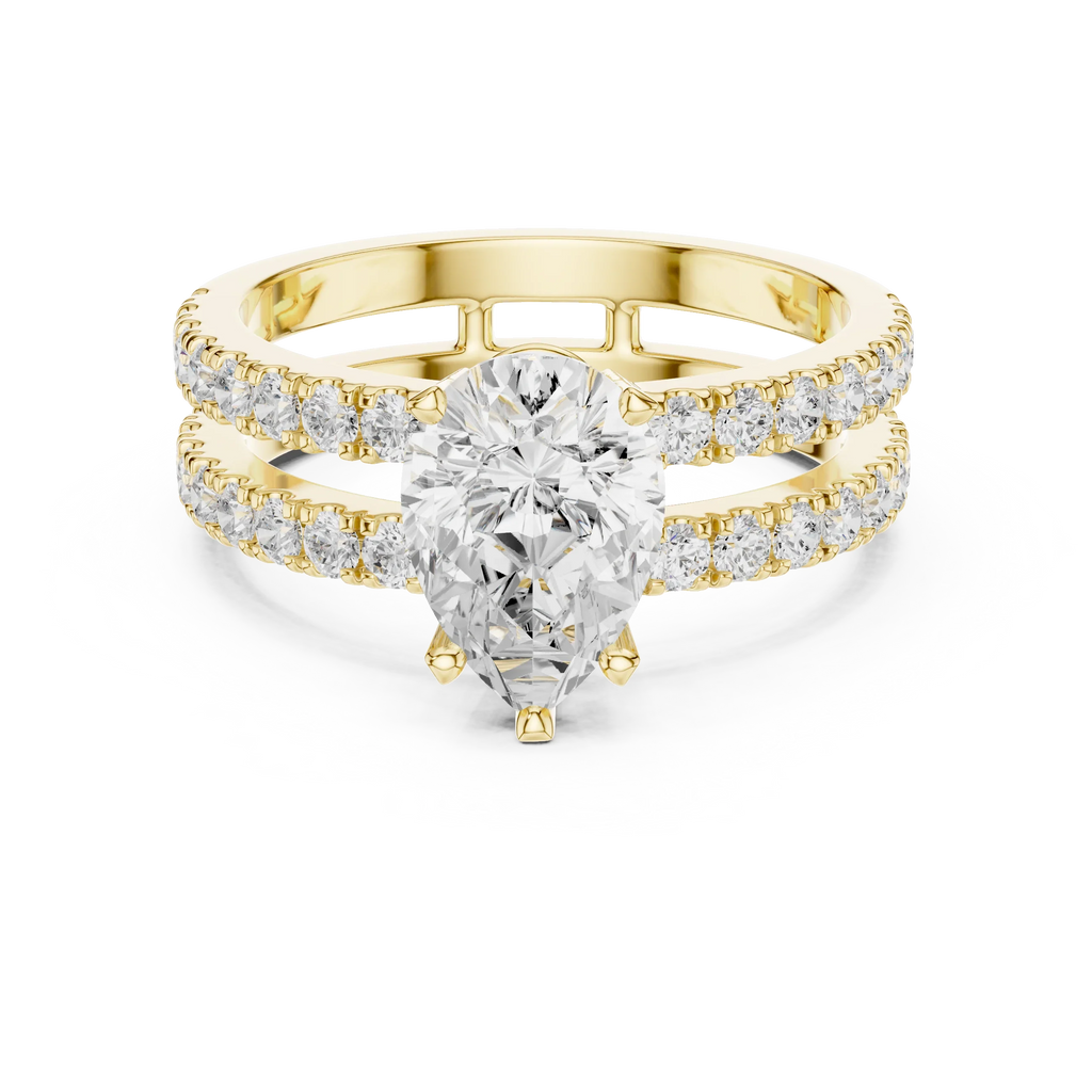 1.57 CTW Split Shank Double Pave Pear 14K Gold Moissanite Diamond Engagement Ring