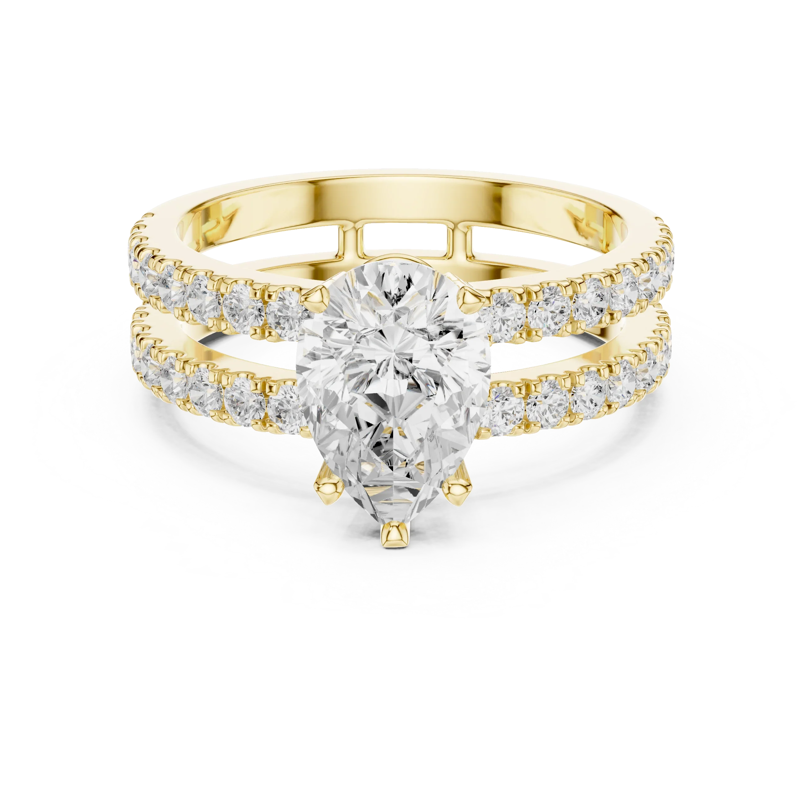 1.57 CTW Split Shank Double Pave Pear 14K Gold Moissanite Diamond Engagement Ring