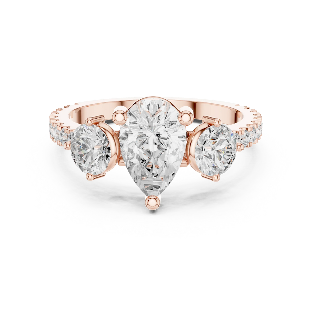 4.36 CTW Three Stone Pear Round VVS Moissanite Diamond Engagement Ring with 14K Gold