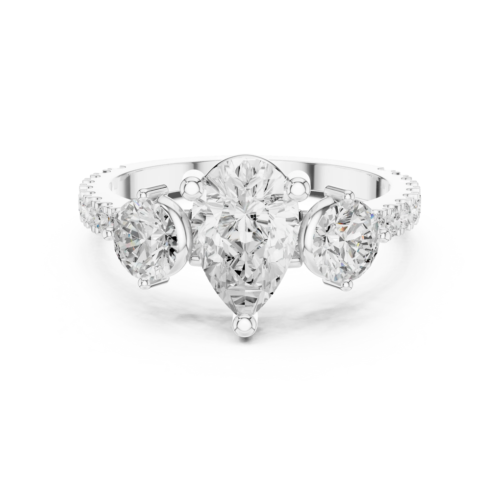 4.36 CTW Three Stone Pear Round VVS Moissanite Diamond Engagement Ring with 14K Gold