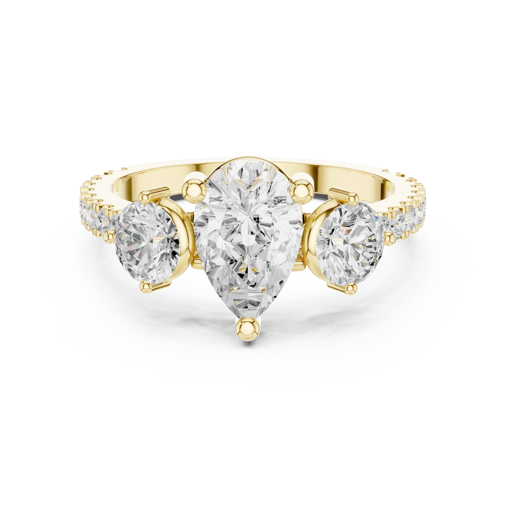 4.36 CTW Three Stone Pear Round VVS Moissanite Diamond Engagement Ring with 14K Gold