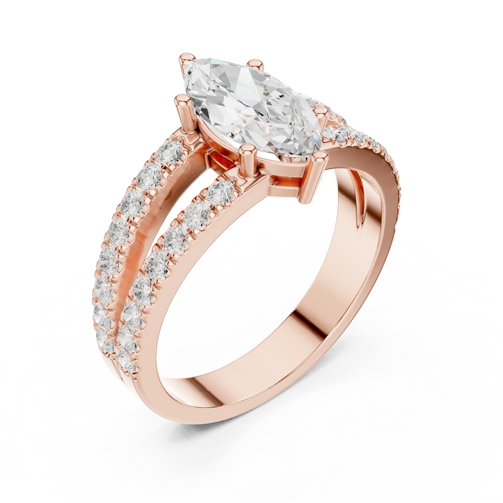 Luxury Marquise Cut Diamond Ring – Split Double Pavé Band, Yellow Gold