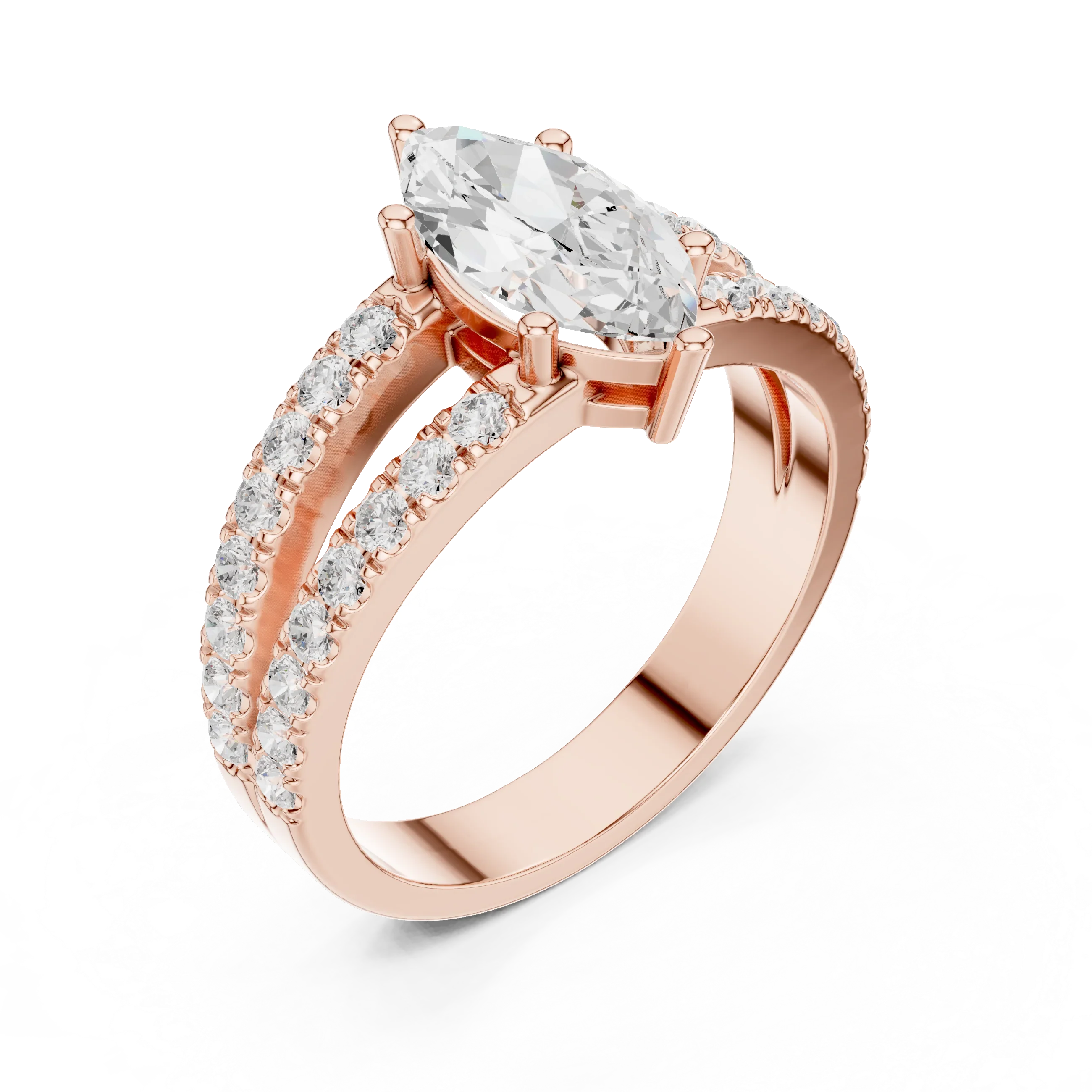 Luxury Marquise Cut Diamond Ring – Split Double Pavé Band, Yellow Gold