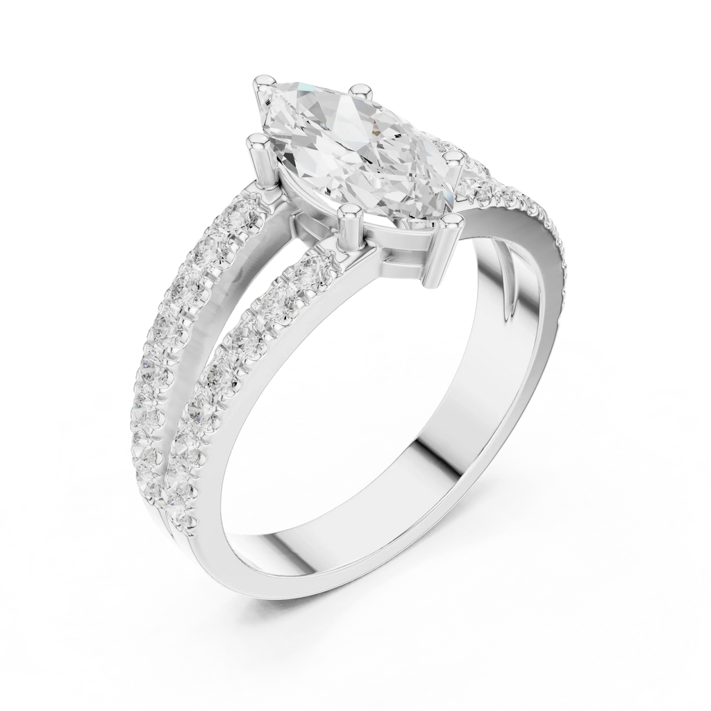 Luxury Marquise Cut Diamond Ring – Split Double Pavé Band, Yellow Gold