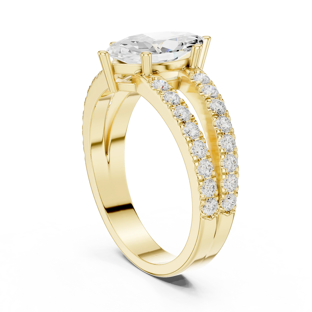 Luxury Marquise Cut Diamond Ring – Split Double Pavé Band, Yellow Gold