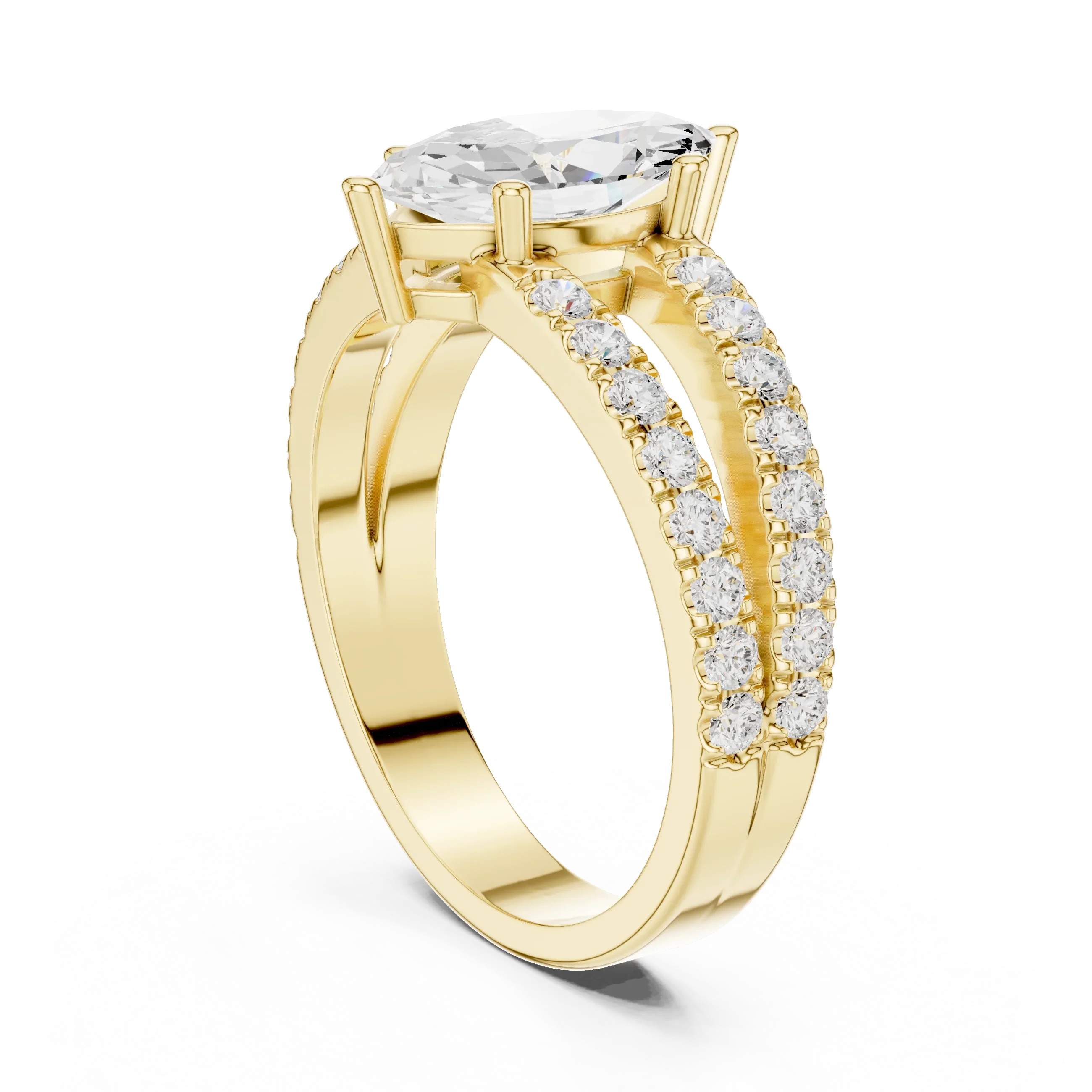 Luxury Marquise Cut Diamond Ring – Split Double Pavé Band, Yellow Gold