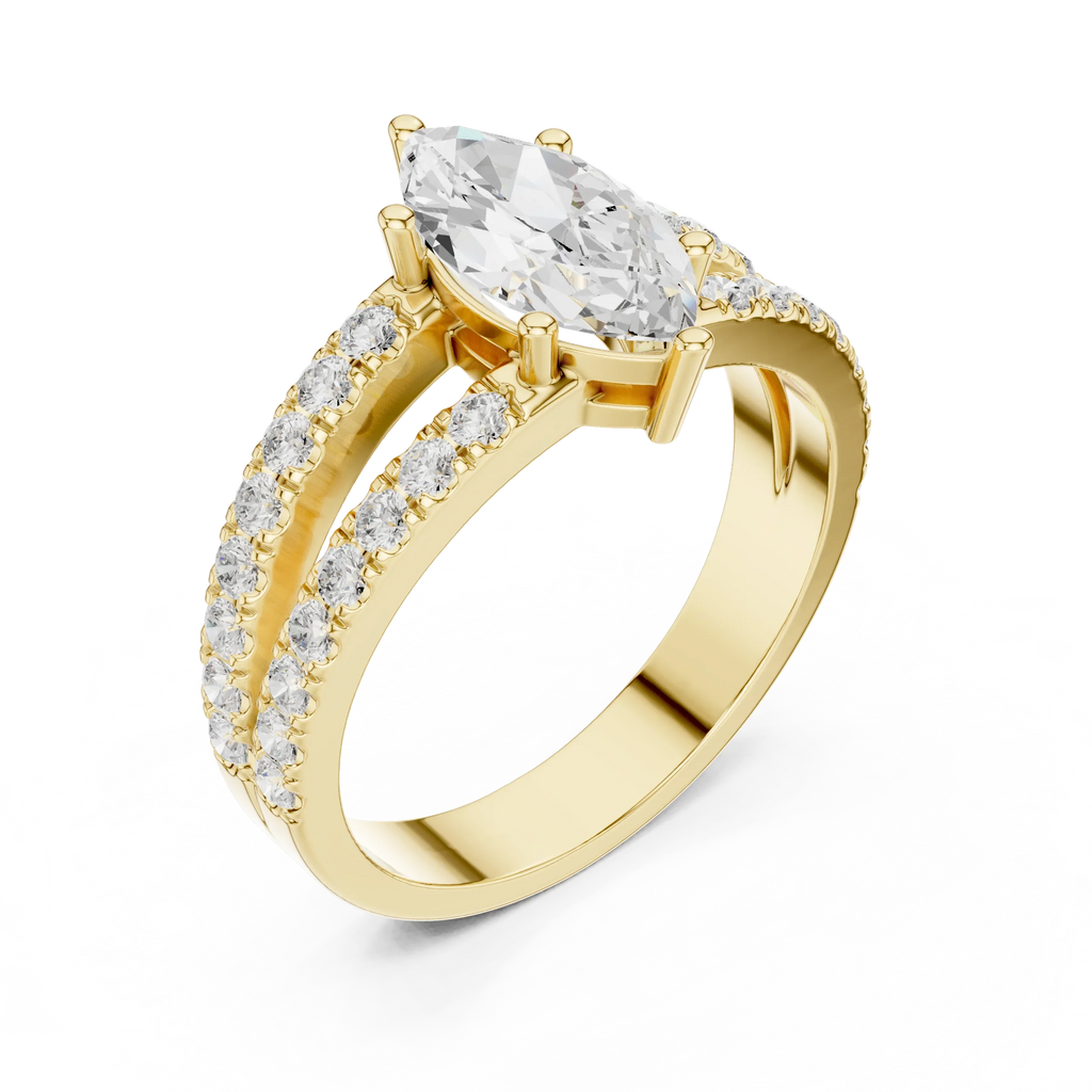 Luxury Marquise Cut Diamond Ring – Split Double Pavé Band, Yellow Gold