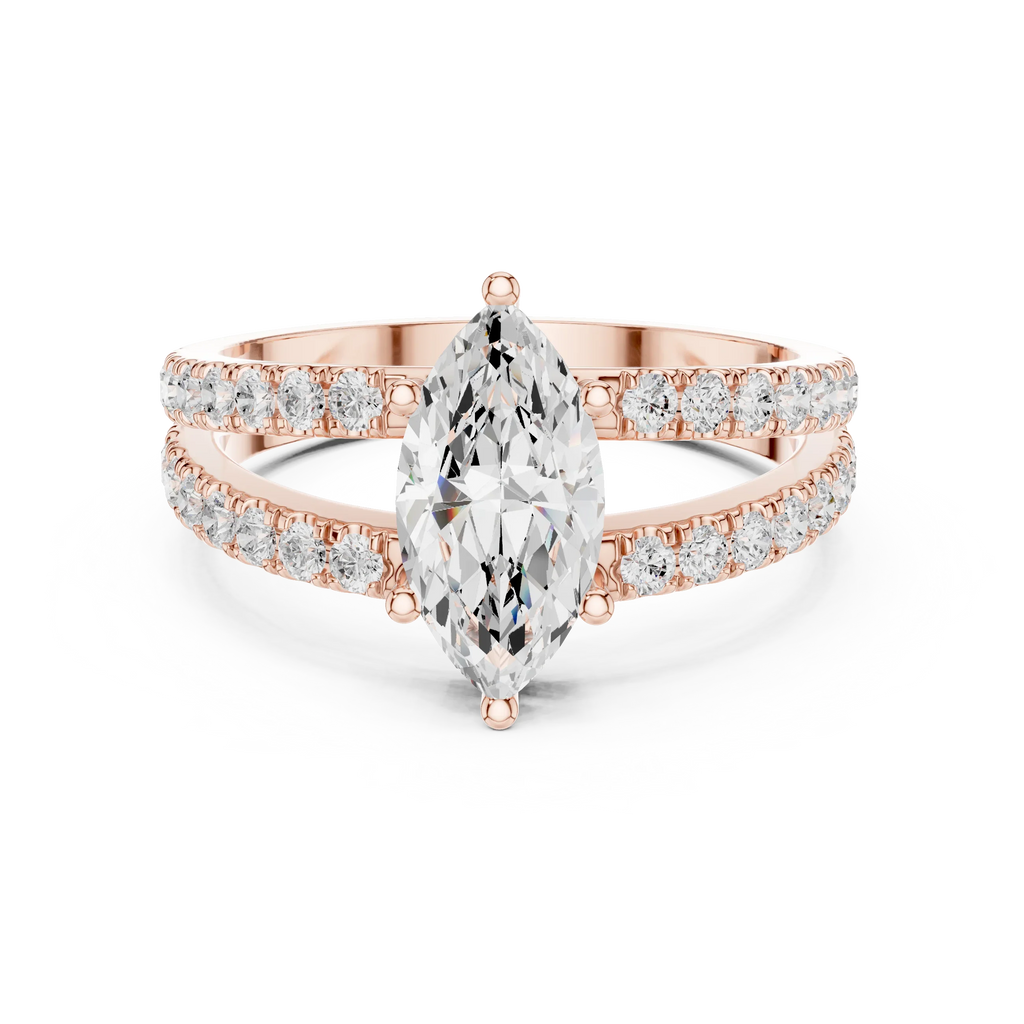 Luxury Marquise Cut Diamond Ring – Split Double Pavé Band, Yellow Gold