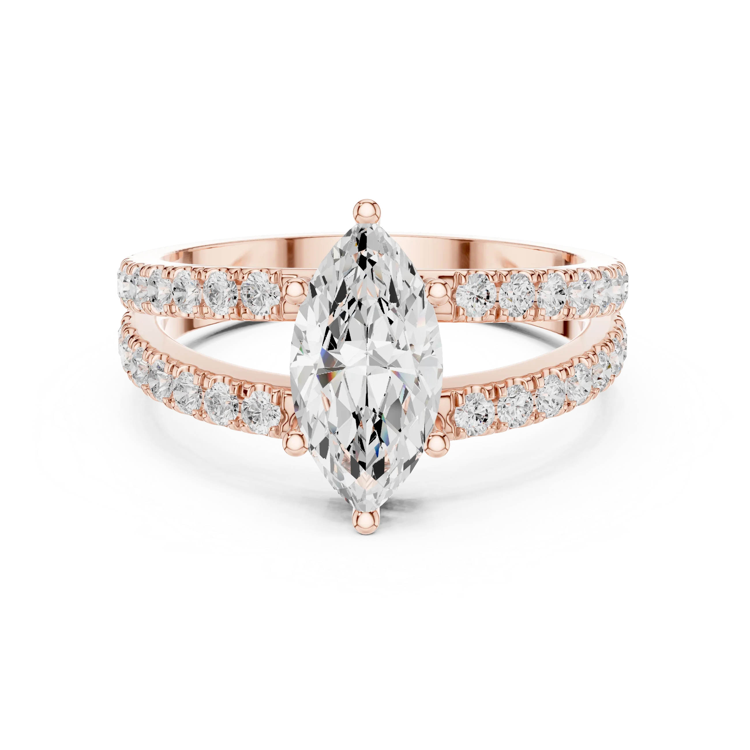 Luxury Marquise Cut Diamond Ring – Split Double Pavé Band, Yellow Gold