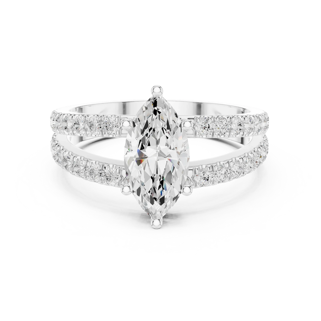 Luxury Marquise Cut Diamond Ring – Split Double Pavé Band, Yellow Gold