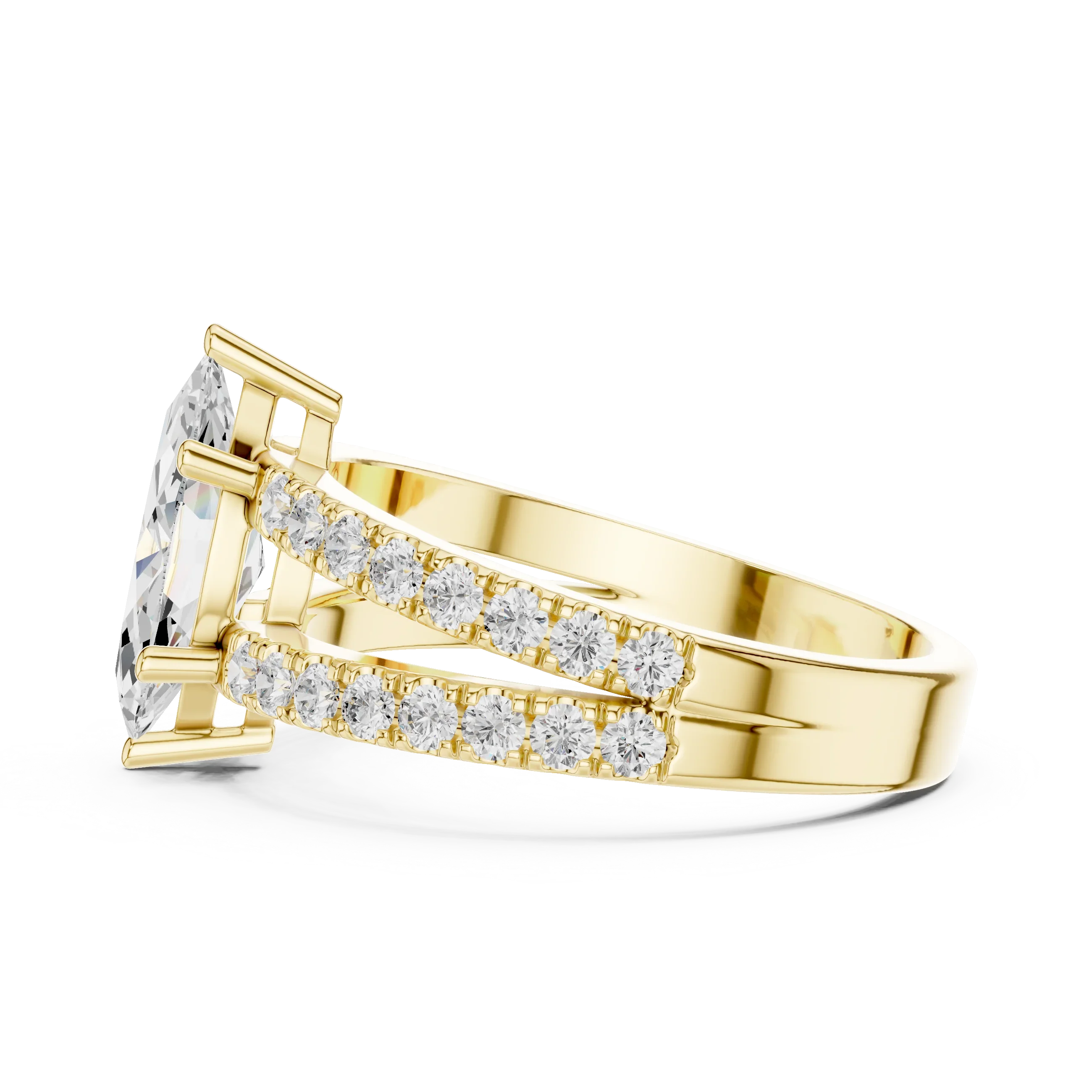 Luxury Marquise Cut Diamond Ring – Split Double Pavé Band, Yellow Gold