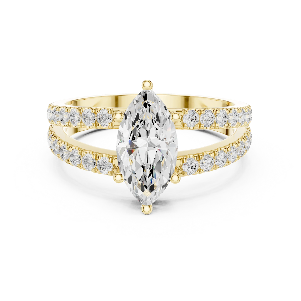 Luxury Marquise Cut Diamond Ring – Split Double Pavé Band, Yellow Gold