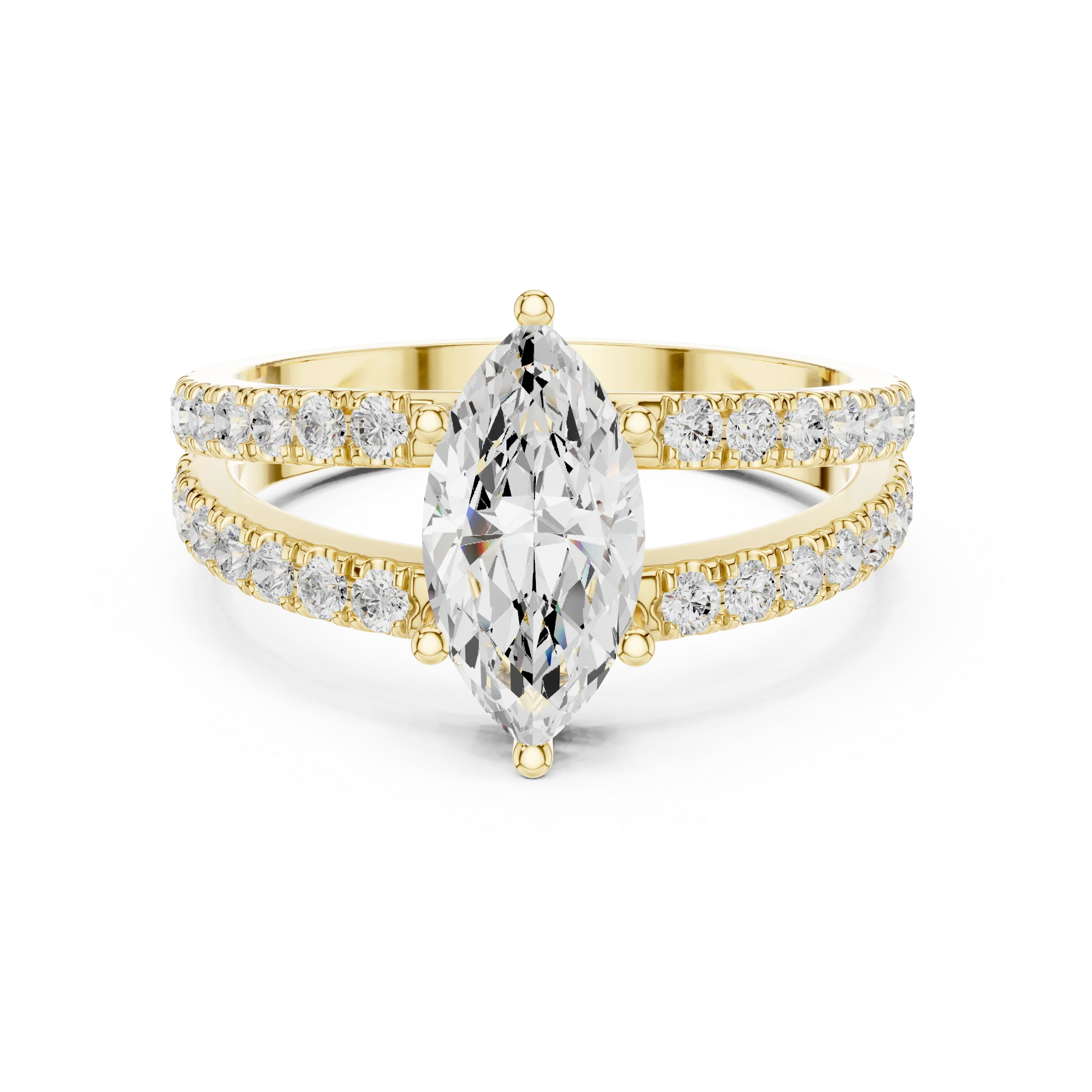 Luxury Marquise Cut Diamond Ring – Split Double Pavé Band, Yellow Gold