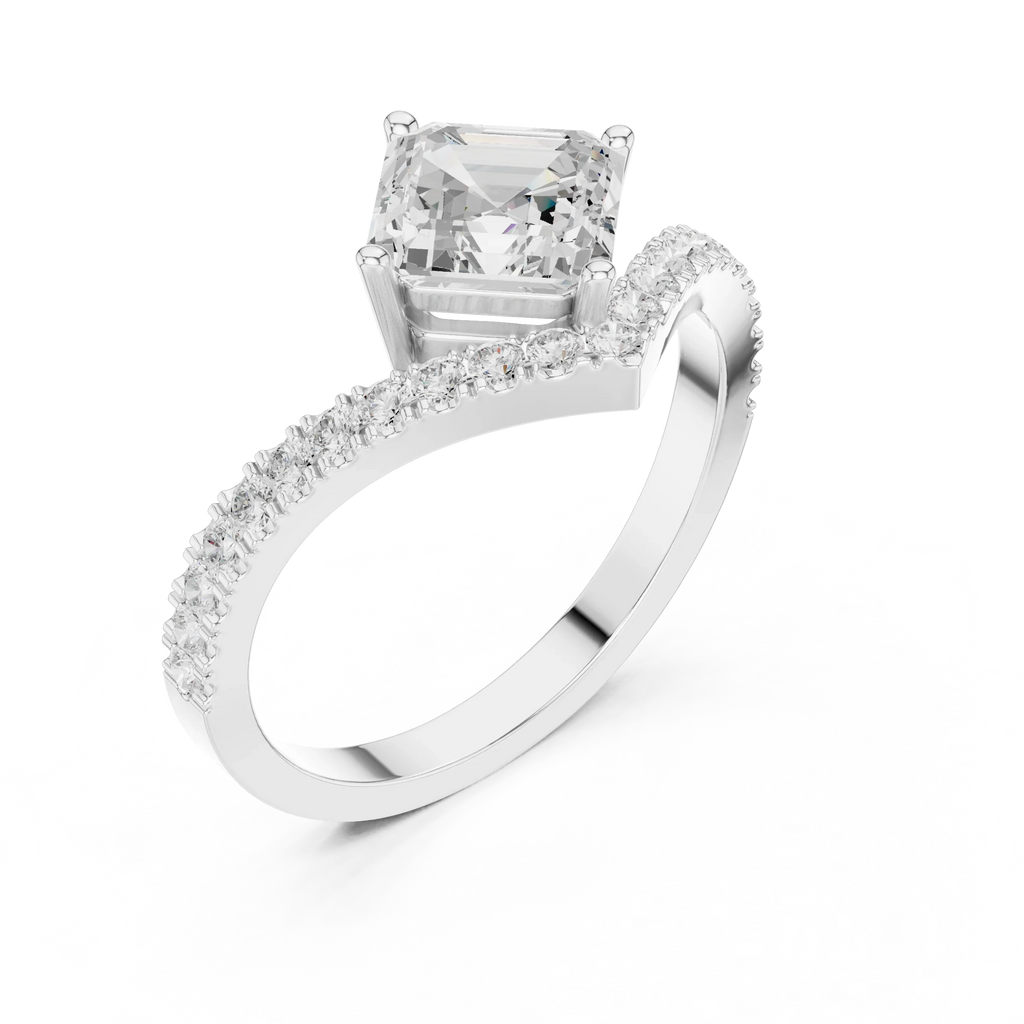 14K Gold Asscher Cut V Shape Chevron Curved Diamond Ring, Lab Grown Diamond Bridal Ring