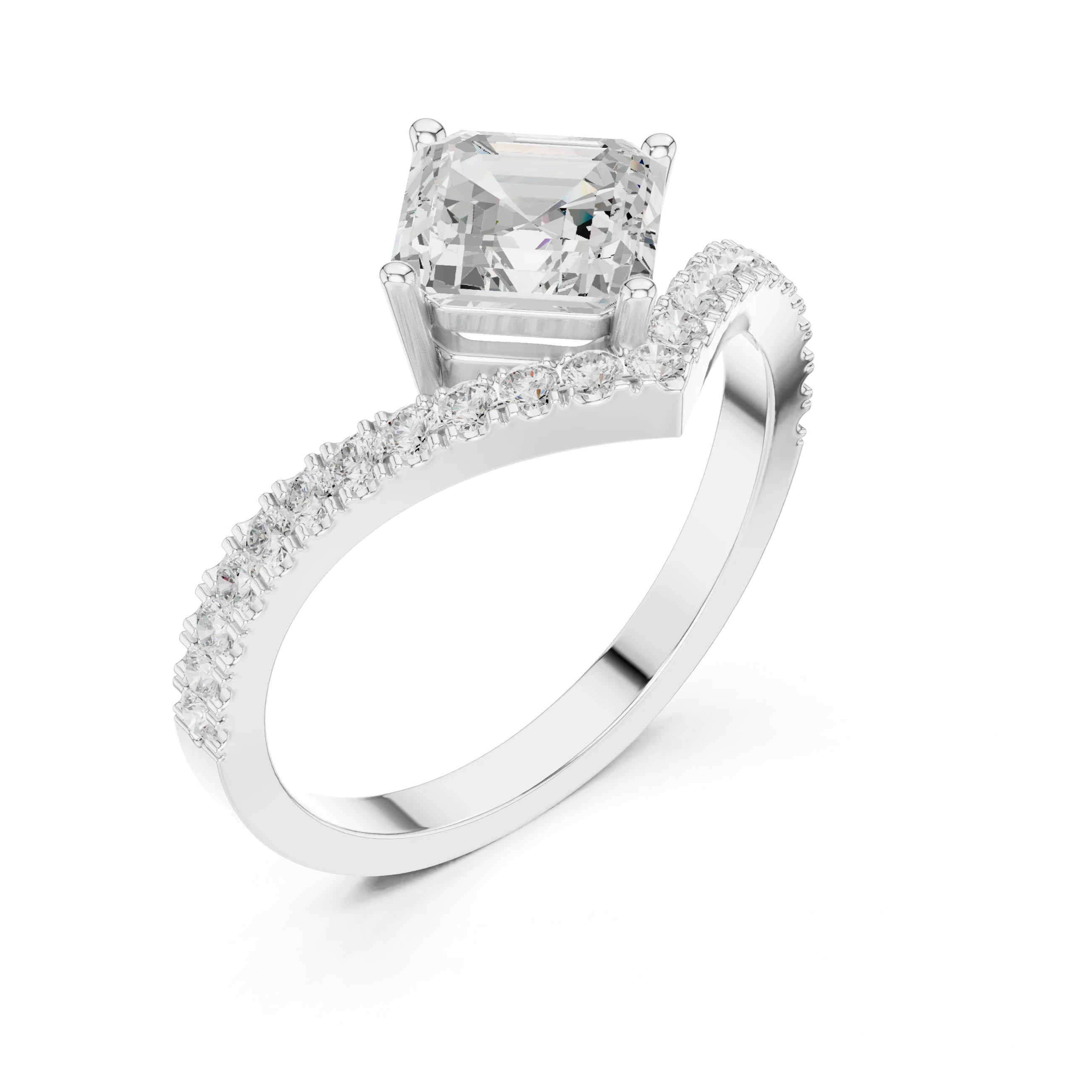 14K Gold Asscher Cut V Shape Chevron Curved Diamond Ring, Lab Grown Diamond Bridal Ring